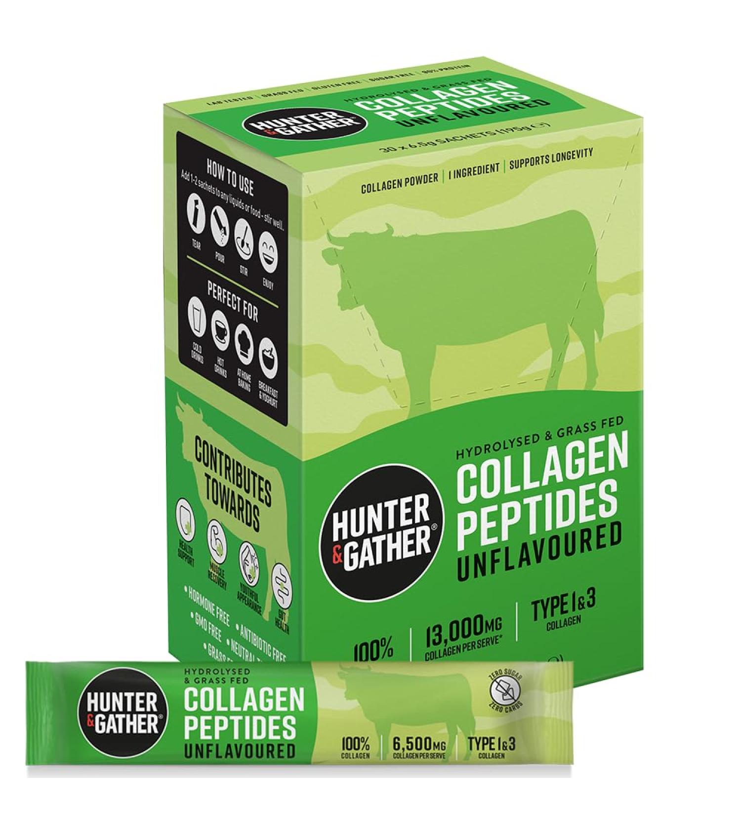 Hunter & Gather Bovine Collagen Powder Sachets | Pure Unflavoured Hydrolysed Collagen Peptides for Hair, Skin, Nails, Muscles | 30 Sachets for Women and Men - Buy Online on GoSupps.com