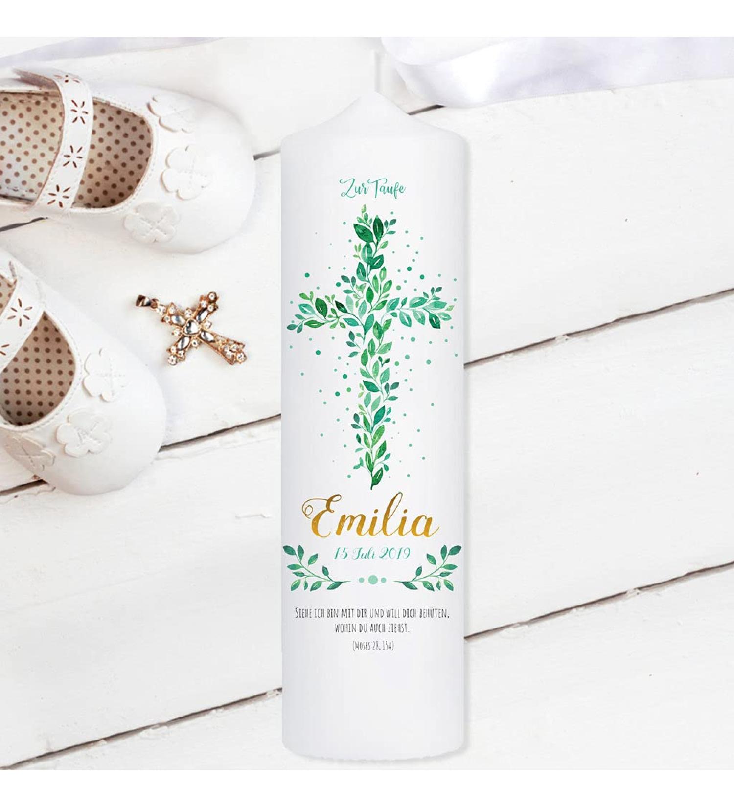 Baptism Candle for Boys & Girls | Leaf Cross Jesus Design | Personalized 25x7 cm | Perfect for Baptism Birth or Communion - Buy Online on GoSupps.com