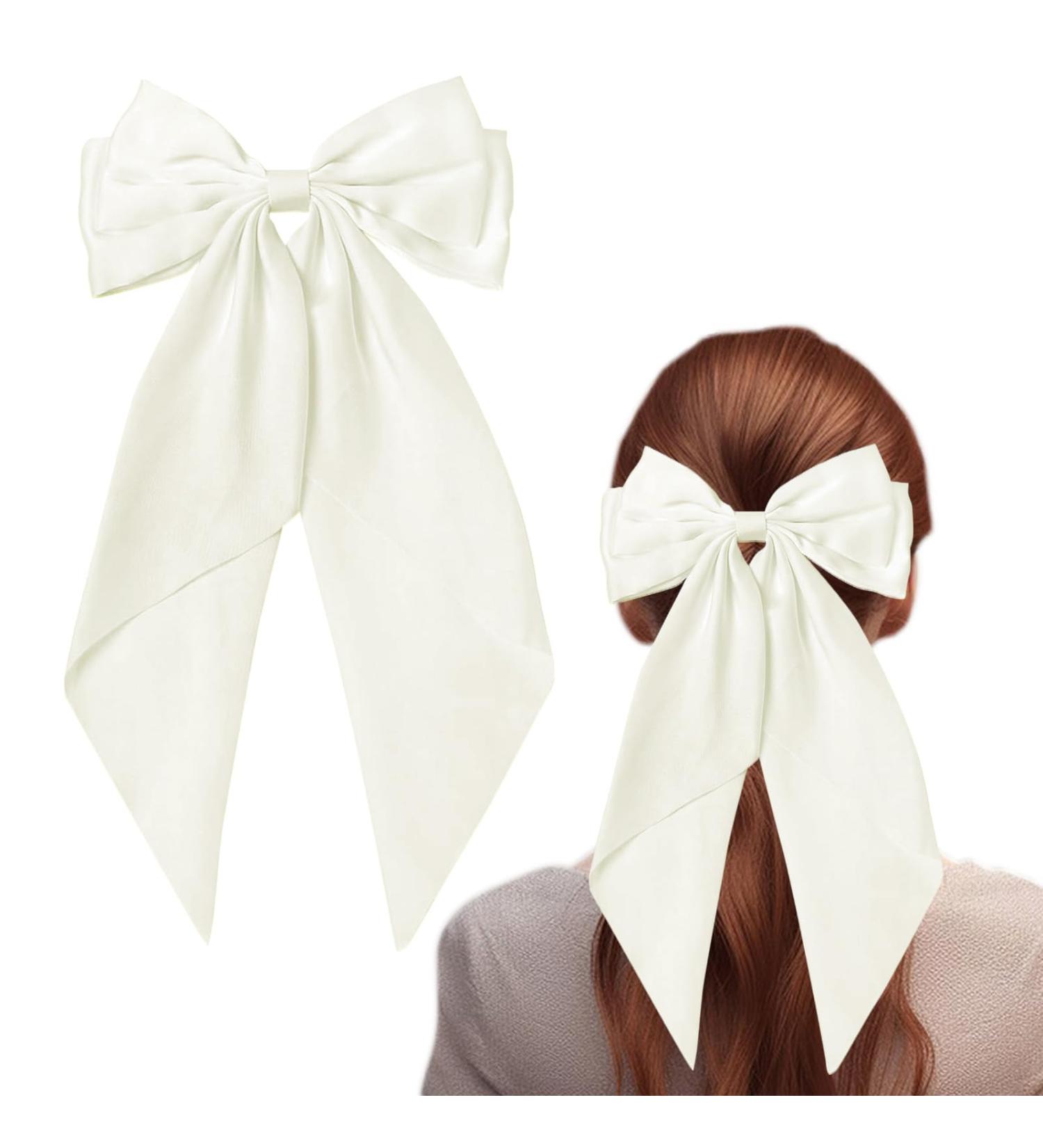 ZhongShuang Cream Colour Hair Bow Cream Colour White Big Hair Bows for Women Solid Color Bow Hair Clips with Long Ribbon French Barrette Clip Soft Satin Silky Hair Bows Cute Gifts for Women Girls - Buy Online on GoSupps.com