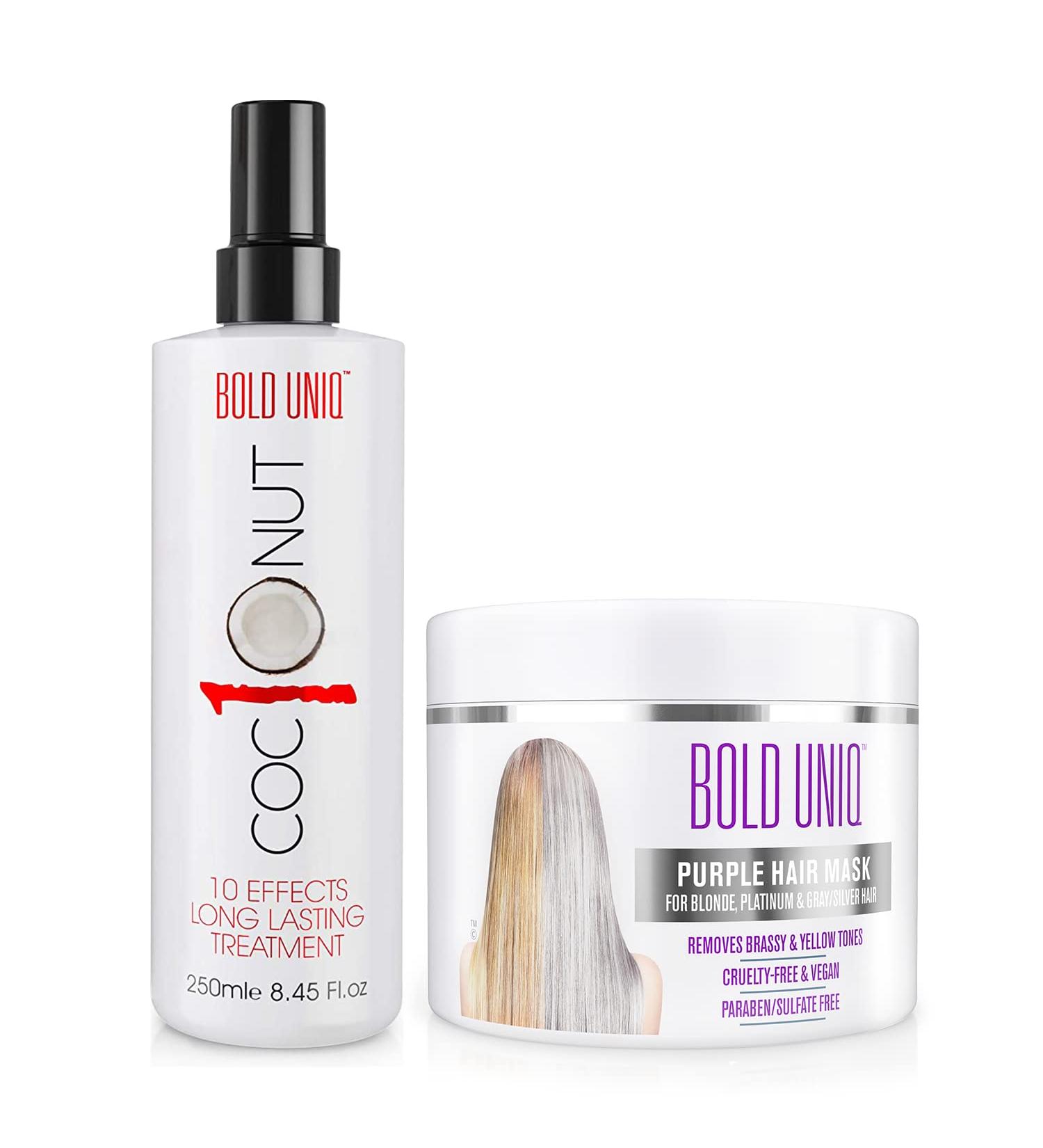 BOLD UNIQ Purple Hair Mask for Blonde & Platinum Hair + Coconut Heat Protectant Spray - Remove Yellow Tones and Protect from Heat Damage - Buy Online on GoSupps.com