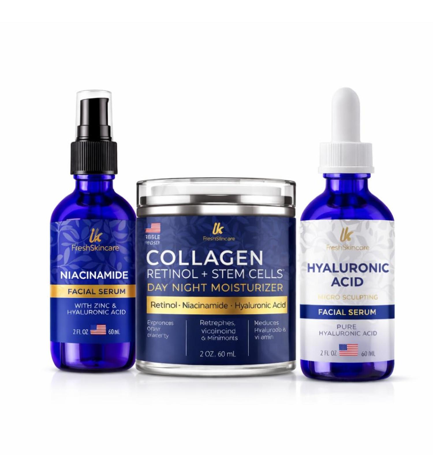 Instaskincare Set with Niacinamide Hyaluronic Acid & Collagen Retinol Moisturizer 3-Piece Facial Care Kit for Hydration Glow & Smooth Skin - Buy Online on GoSupps.com