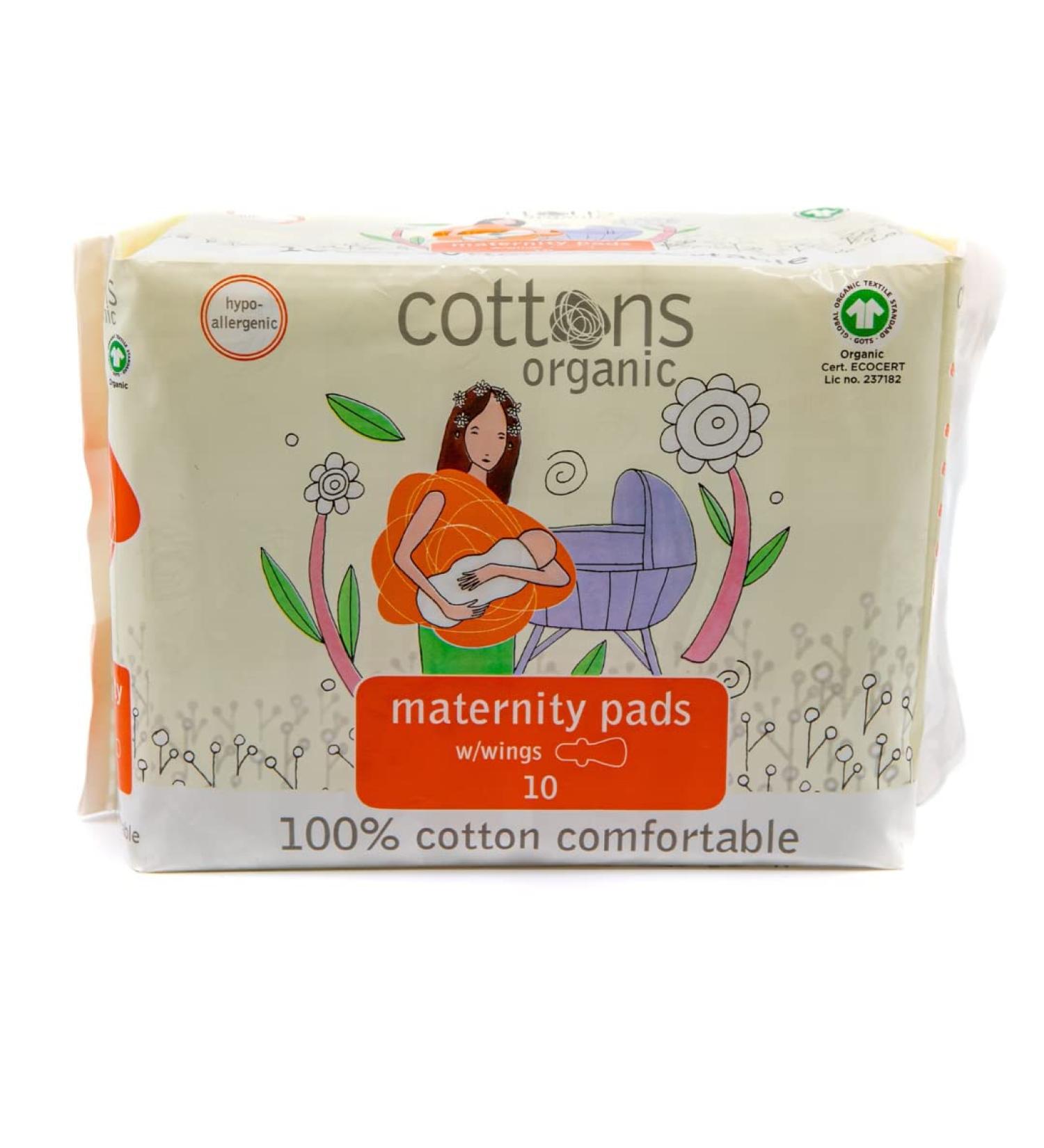 Cottons Maternity Pads with Wings - 10 Individually Wrapped, Organic, Unscented, Chlorine-Free - Heavy Absorbency | Single Pack - Buy Online on GoSupps.com