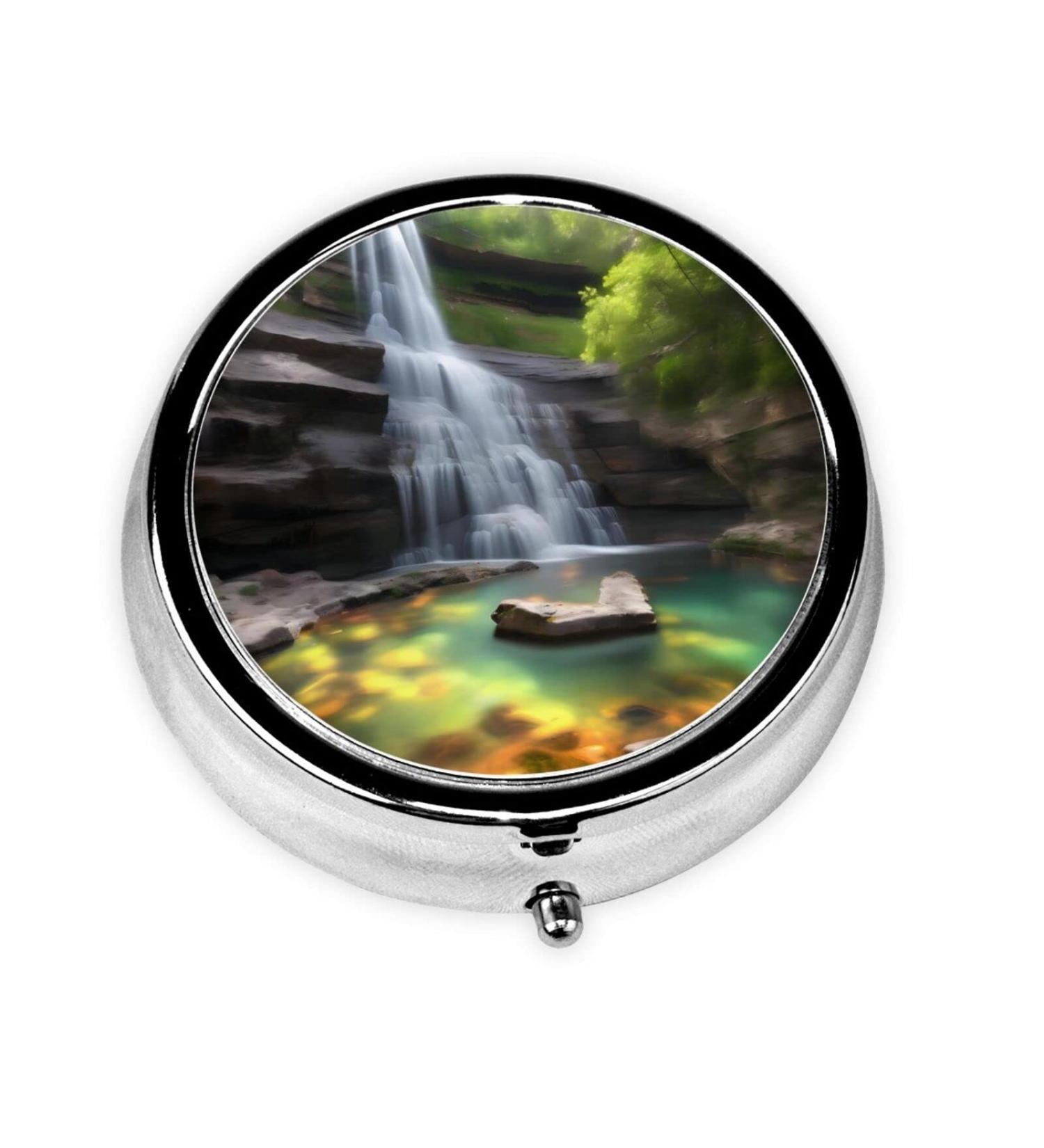 Waterfall Views Round Pill Box - 3 Compartment Portable Organizer for Purse & Pocket | Travel-Friendly Pill Storage - Buy Online on GoSupps.com