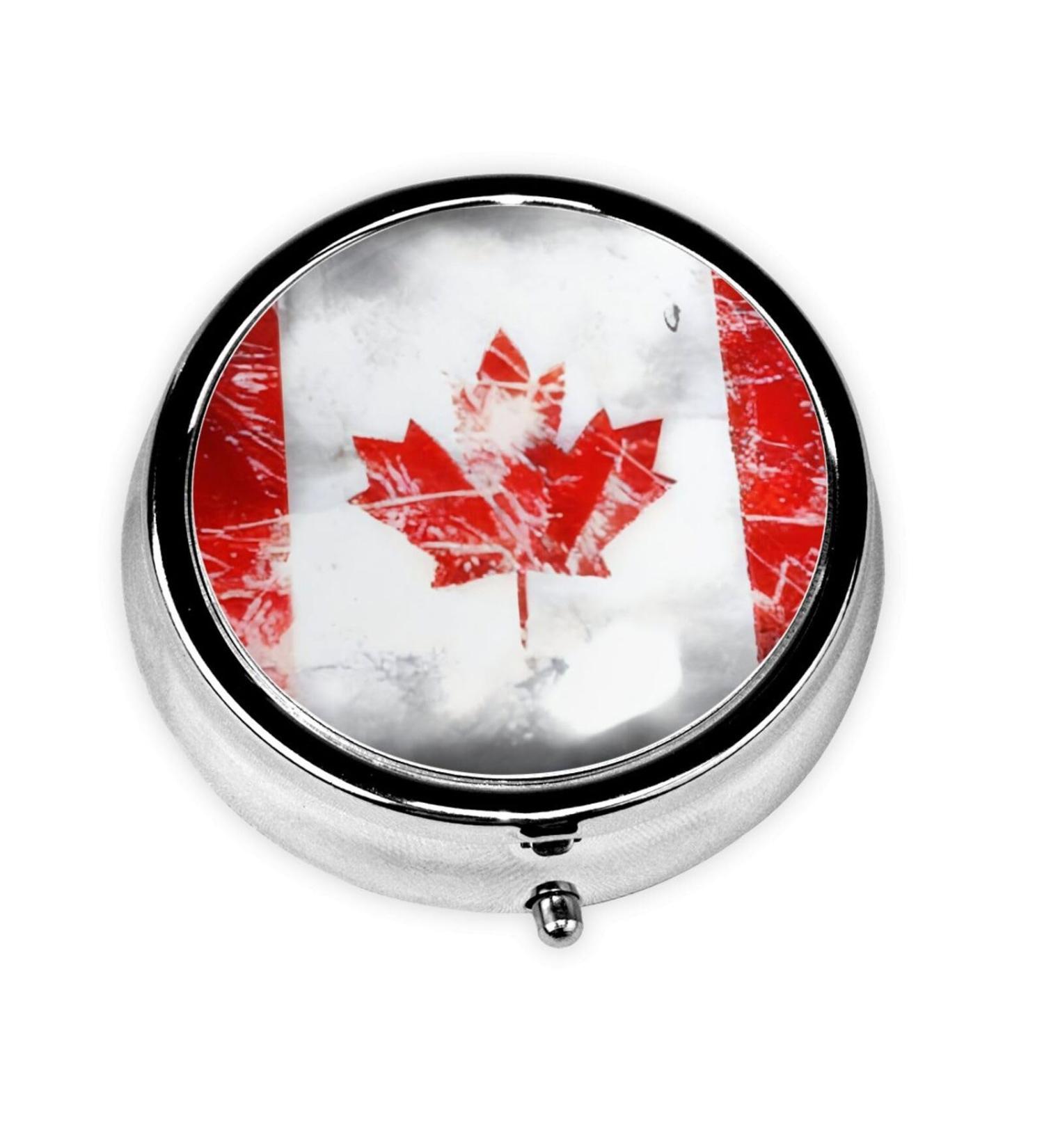 Retro Canada Flag Portable Metal Pill Box - 3-Compartment Travel Case for Small Pills | Hinged Design Ideal for On-the-Go Lifestyle - Buy Online on GoSupps.com