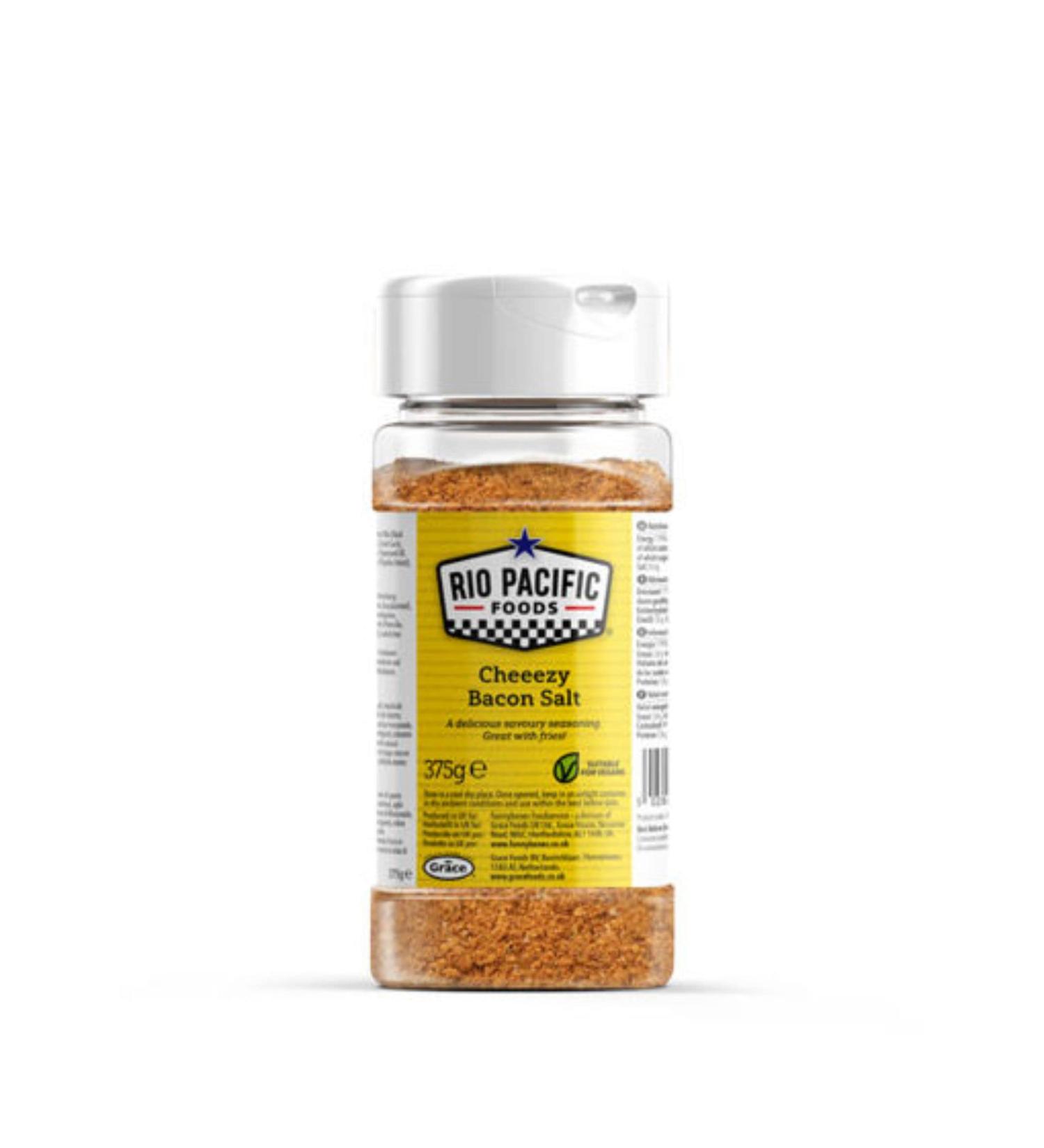 Rio Pacific Foods Cheeezy Bacon Salt 375g A standardised blend of salt spices flavourings and smoked sugar used to flavour snacks or fried products.