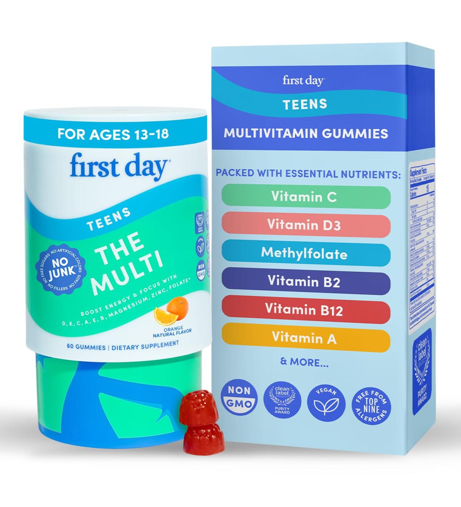 FIRST DAY Vitamins for Teens - Teen Multi Vitamins for Girls & Boys 12-17 Organic Fruit & Veggie Blend - 12 Key Nutrients: Vitamins A B1 B2 B6 B9 B12 C D3 E K2-30 Day Supply 60 (Pack Size 1) - Buy Online on GoSupps.com