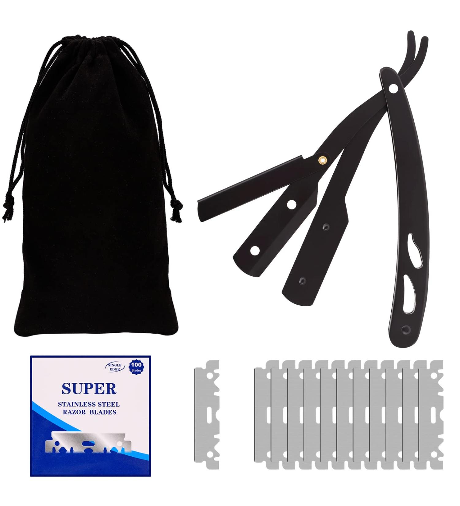 Premium Black-Metal Straight Edge Razor Set - 100 Single Derby Blades for Men's Shaving | International Shipping Available - Buy Online on GoSupps.com