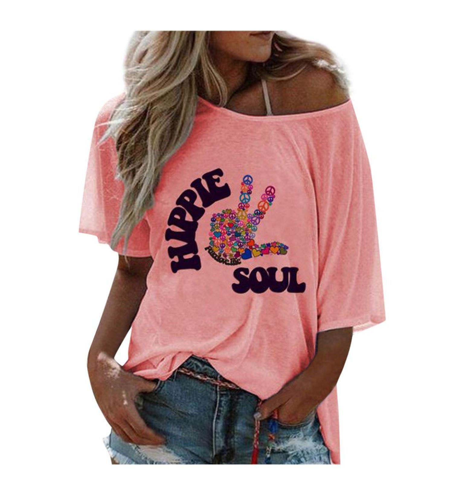 Shop Ppanguding Ladies Off-Shoulder Rainbow T-Shirt - Summer Graphic Print Blouse - XXL Pink - Buy Online on GoSupps.com
