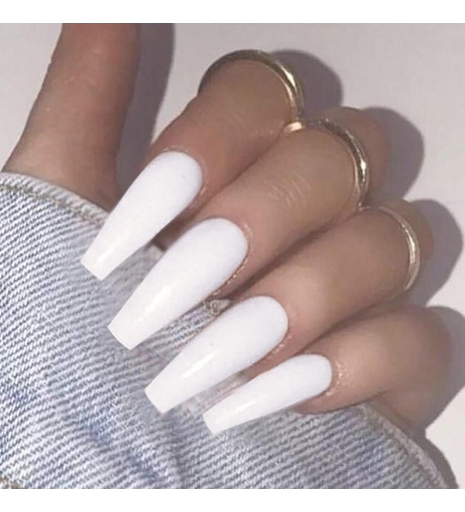 Handcess 24-Piece Long White Ballerina Press-On Nails | Shiny Stick-On False Nails for Women & Girls - International Shipping! - Buy Online on GoSupps.com
