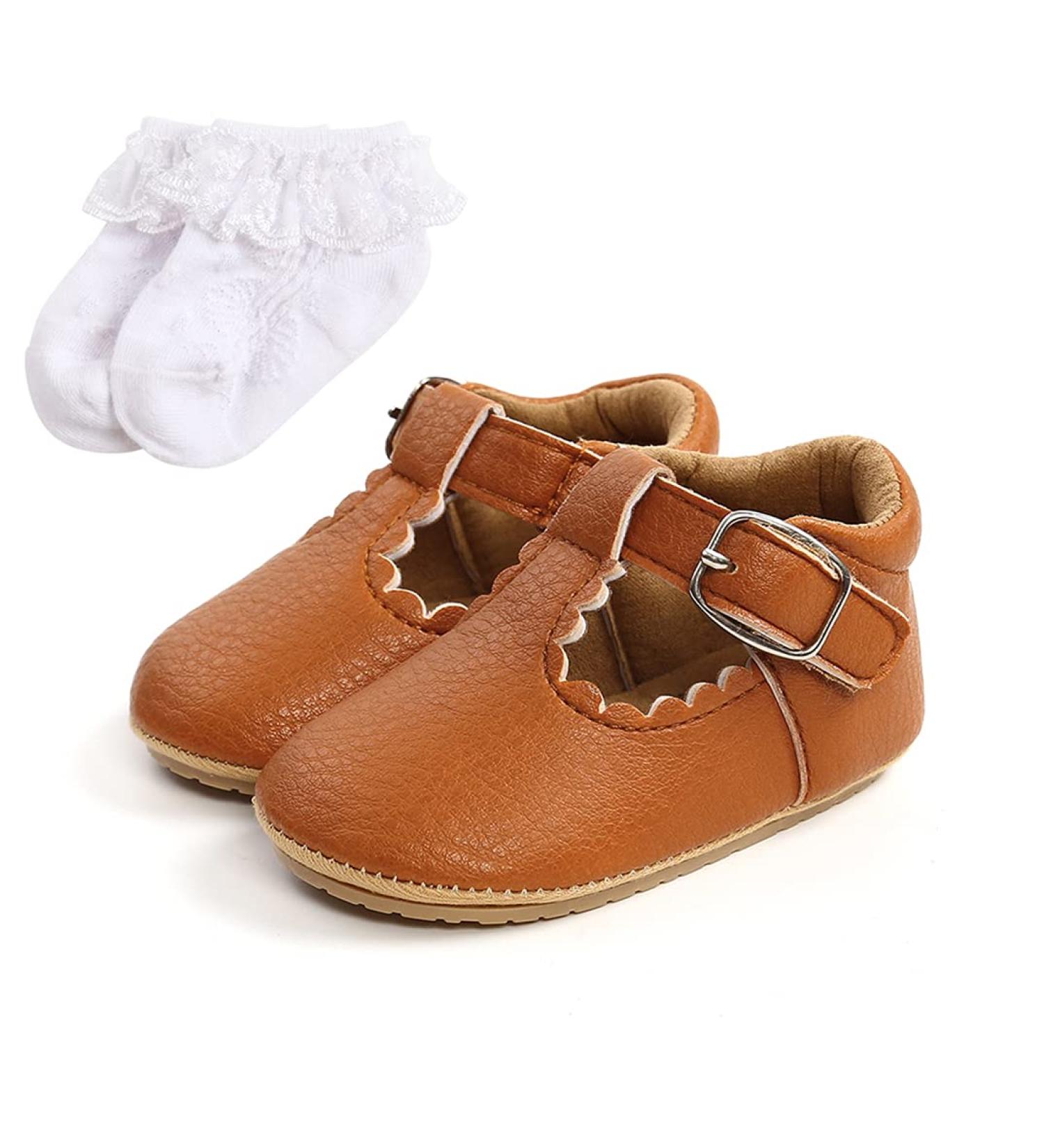 Baby Anti-Slip First Walking Shoes | Soft Sole Toddler Sneakers for Boys and Girls | Infant PU Leather Prewalkers with Sock | 6-12 Months Brown - Buy Online on GoSupps.com