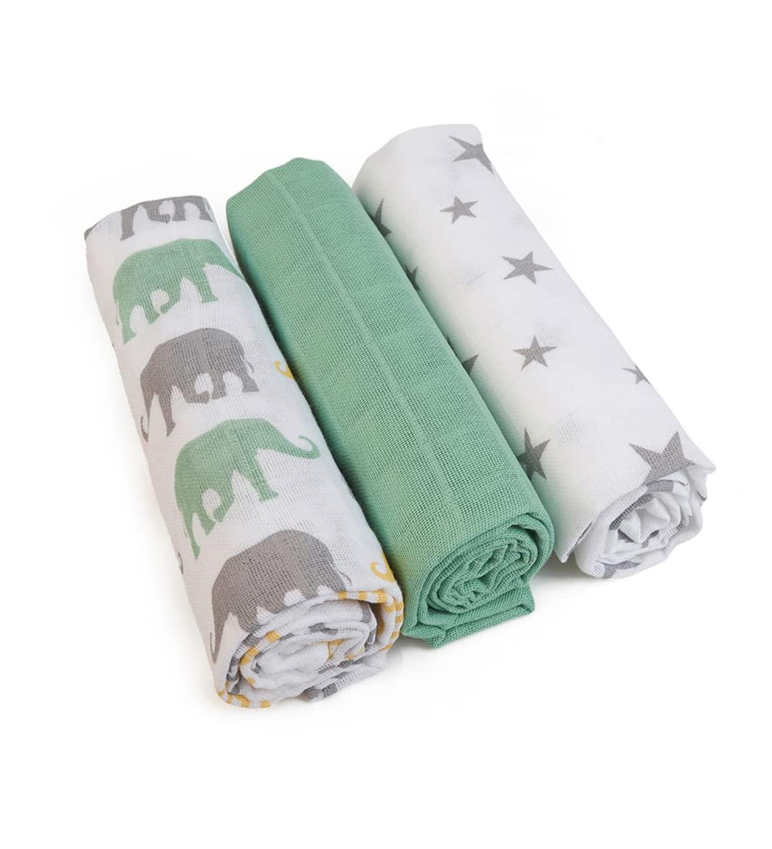 Green Woodpecker Mullwindeln 70x70cm - 100% Cotton Spitting Towels Skin-Friendly & Suction-Strong Set of 3 with Stars & Elephants - Buy Online on GoSupps.com
