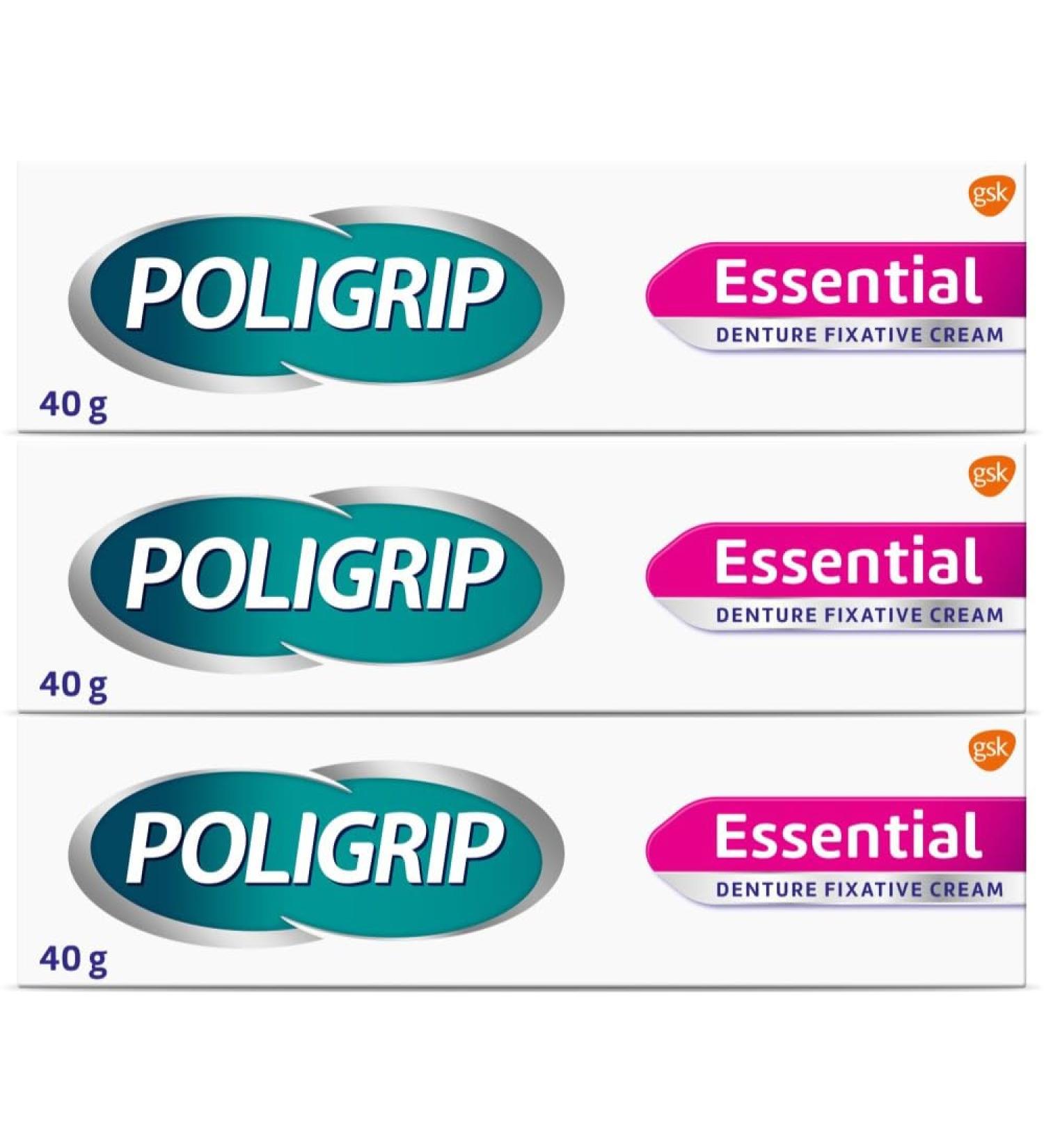 Poligrip Essential Denture Fixative Cream (3 x 40g) Secure Hold Flavour Free