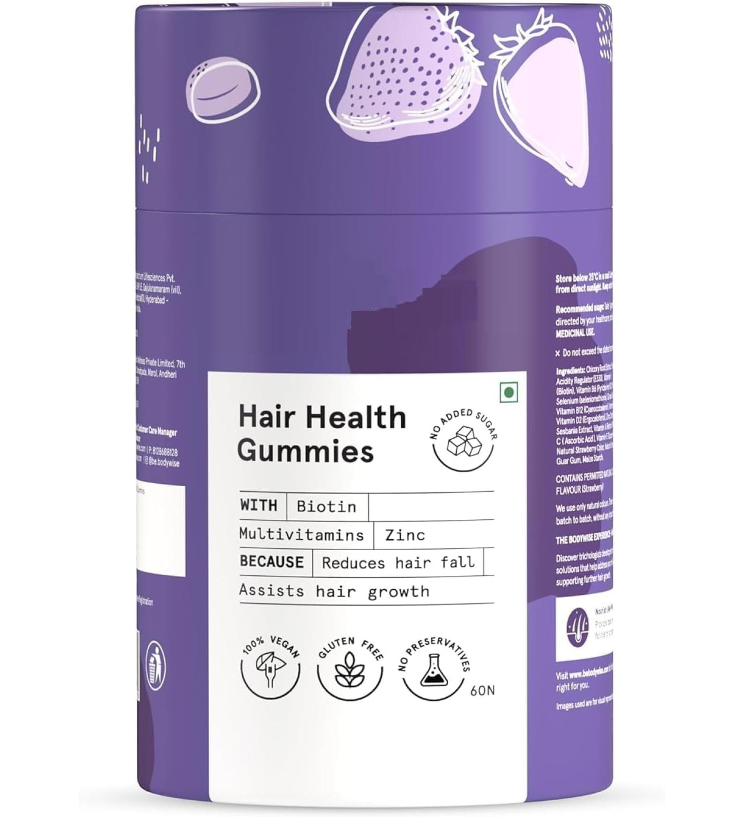 Biotin Hair Gummies for Stronger Shinier Hair & Nails | 60 Days Pack | with Biotin Zinc Folic Acid Fibre & Multivitamin | Strawberry Flavour | No Added Sugar - Buy Online on GoSupps.com