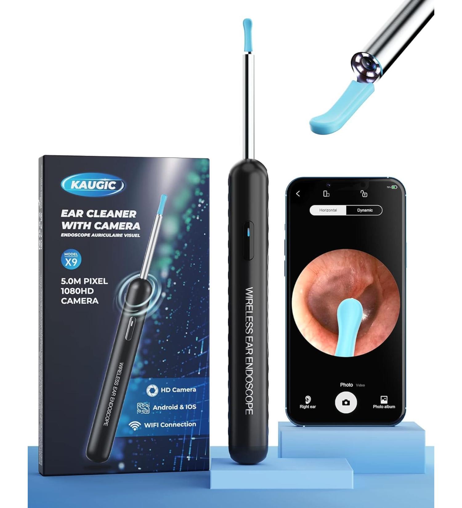 KAUGIC Ear Wax Removal Kit with 1080P Camera and 8 Pcs Ear Set - Otoscope with Light for iPhone & Android - Black Polypropylene - Buy Online on GoSupps.com