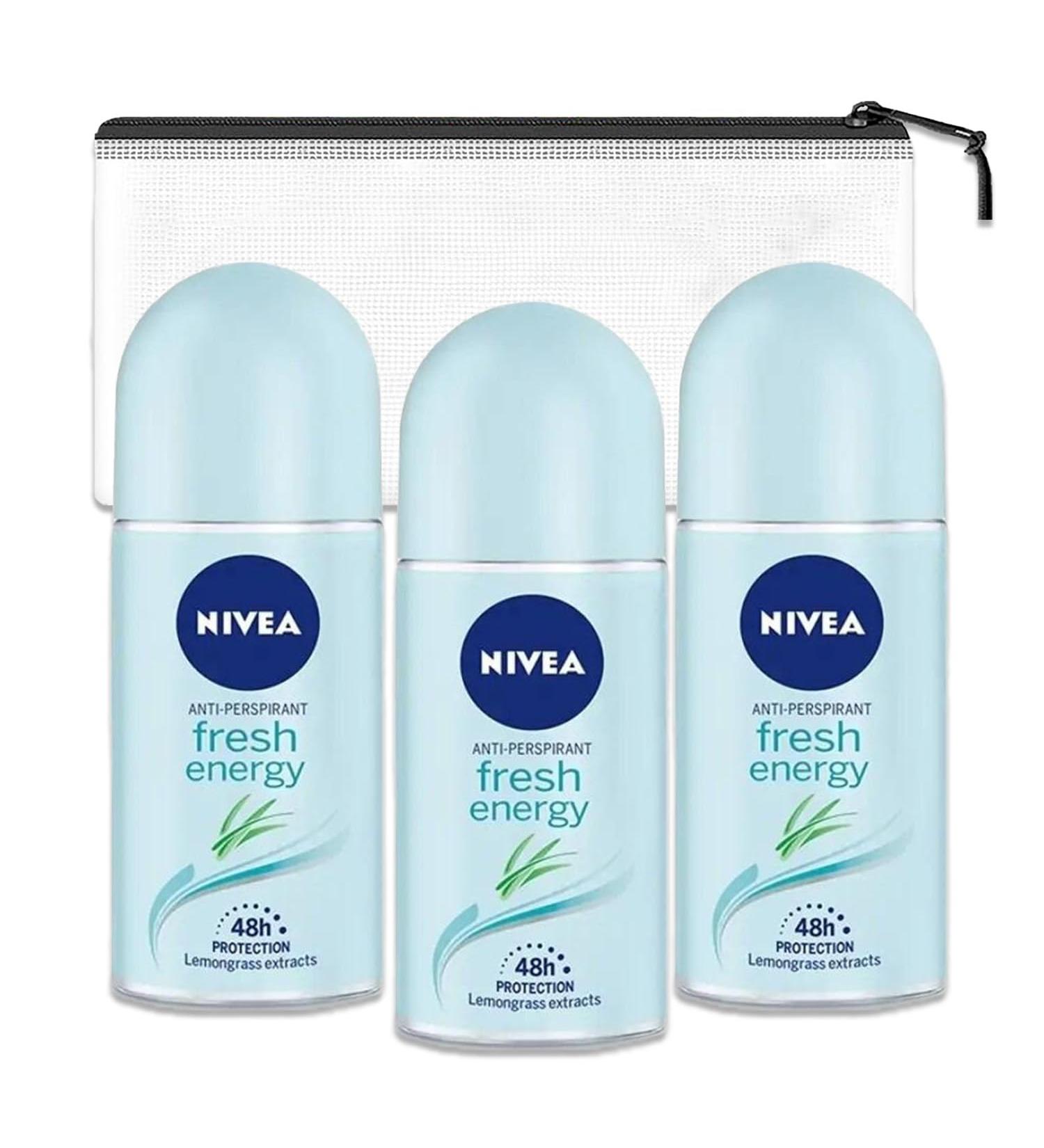 Nivea Fresh Energy Deodorant for Women - Travel Pack 3 Roll-On Anti-Perspirant 50 ml Bundle with Travel Bag | Best Travel Size Deodorants - Buy Online on GoSupps.com