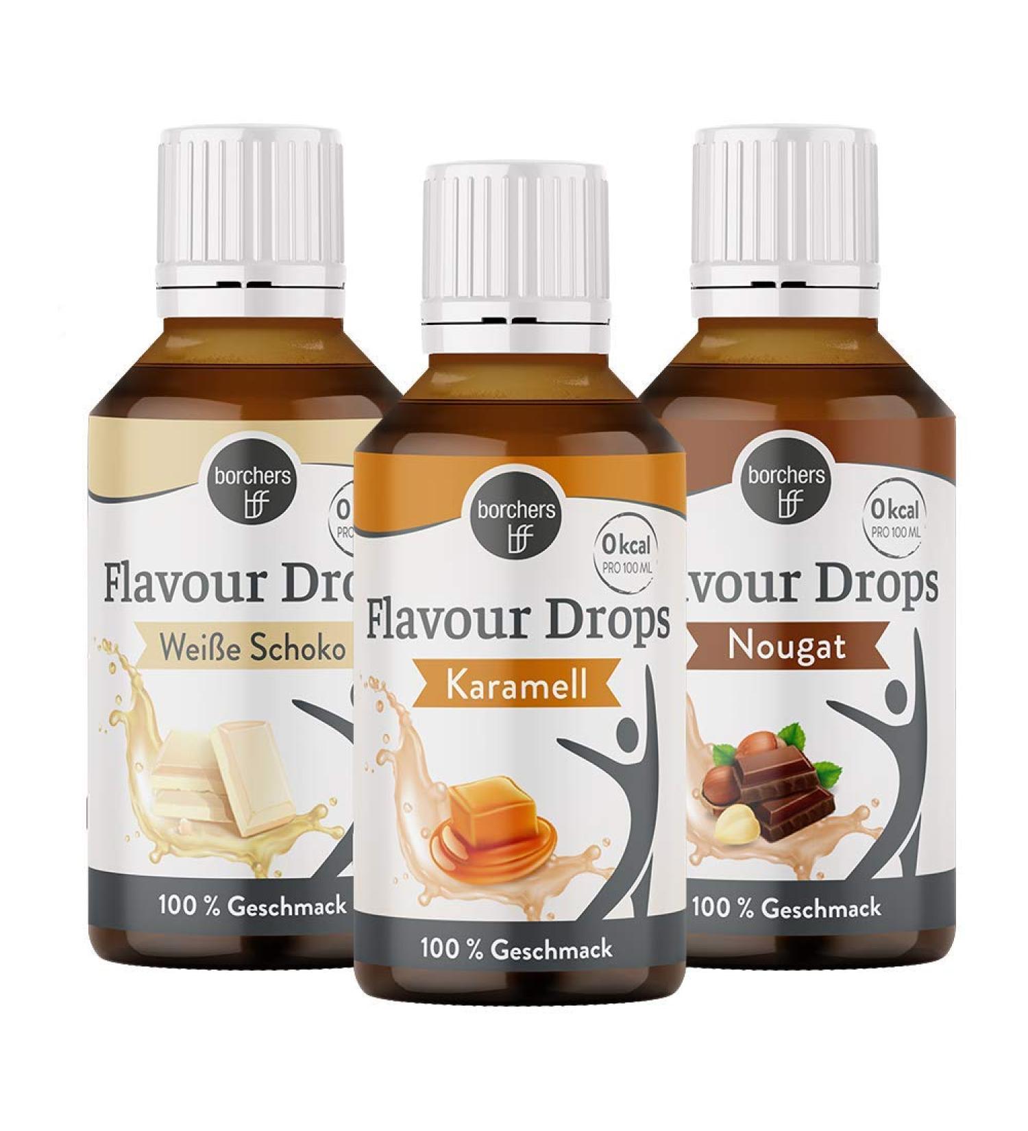 Borchers Flavor Drops Tasting Package - 0 Calorie Sweet Liquid - White Chocolate Caramel & Nougat - Great for Cooking Baking & Drinks - International Shipping Available - Buy Online on GoSupps.com