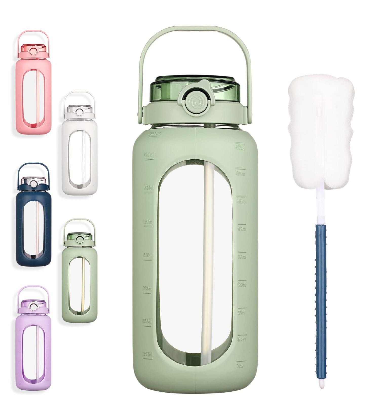 BLUEGO 64oz Glass Water Bottle with Straw Time Marker - Half Gallon Motivational Jug for Gym, Sports, Workout - Silicone Sleeve - 2L Capacity - Green - Buy Online on GoSupps.com