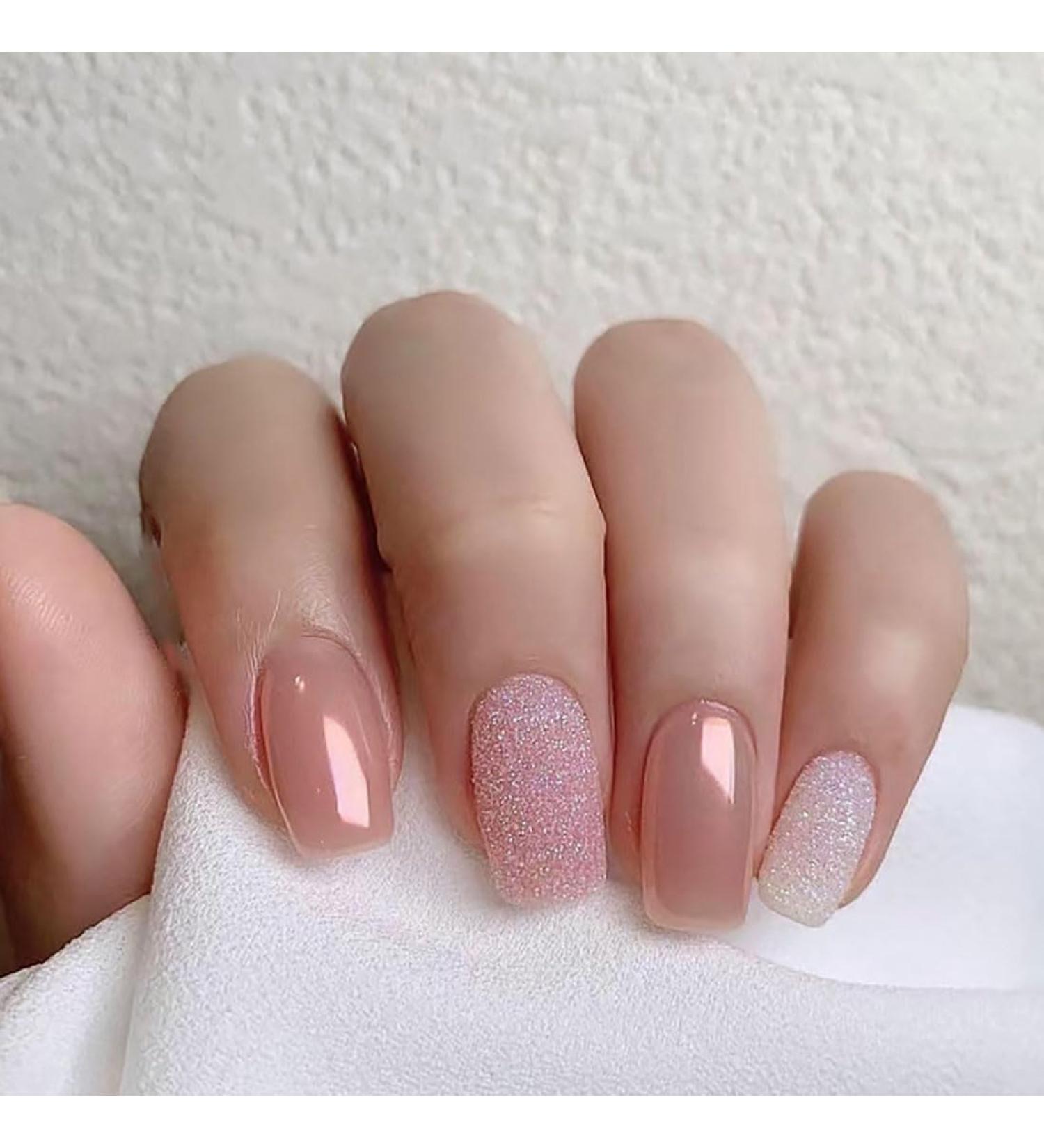 SINLOV Short Square Fake Nails Pink French False Nail Glossy Sequins Full Cover False Nails Press on False Nails for Women and Girls  - Buy Online on GoSupps.com