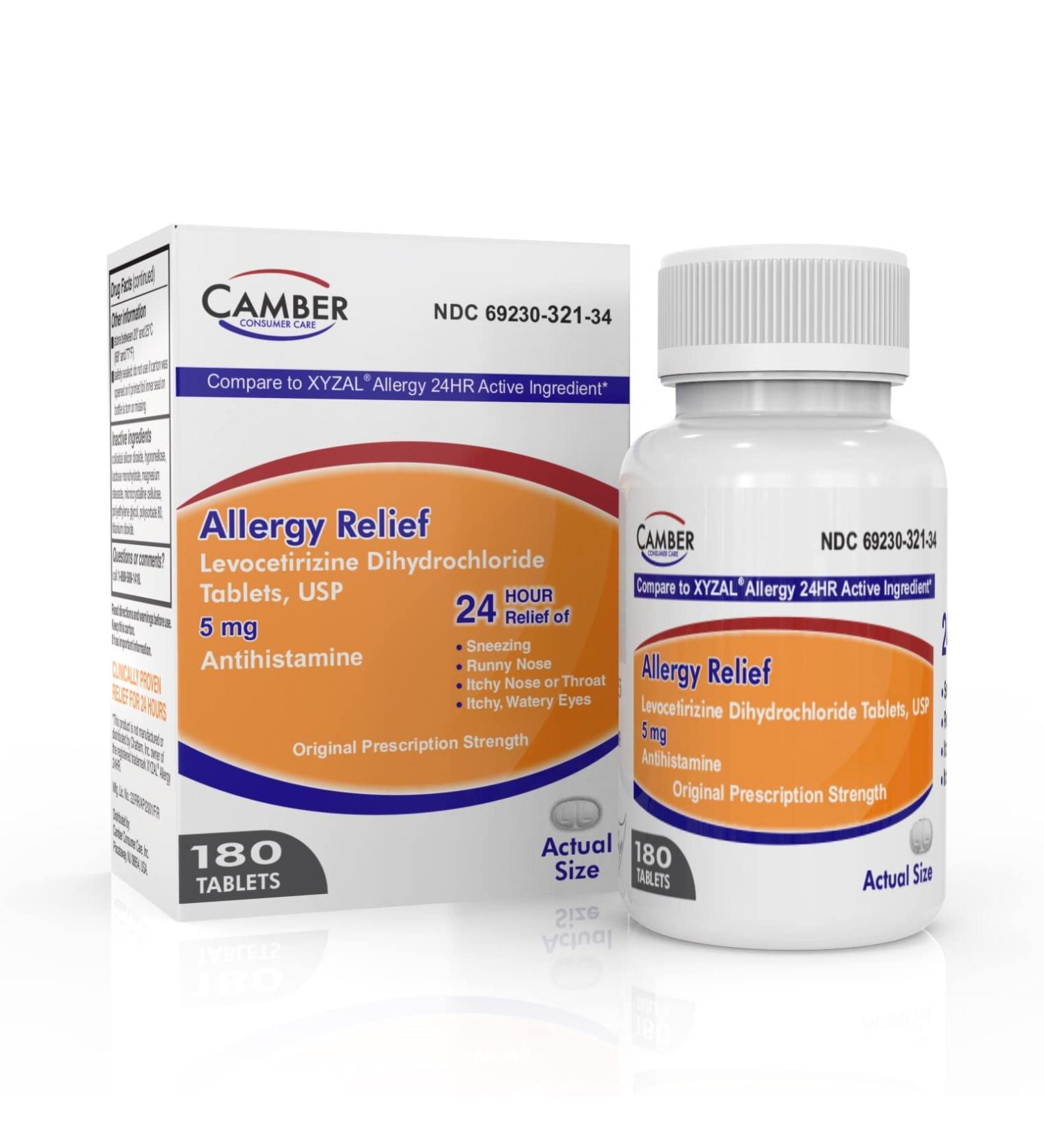 Camber Consumer Care Levocetirizine Dihydrochloride 5mg Antihistamine Tablets (180 Count) - Allergy Relief Medicine Comparable to Xyzal - Buy Online on GoSupps.com