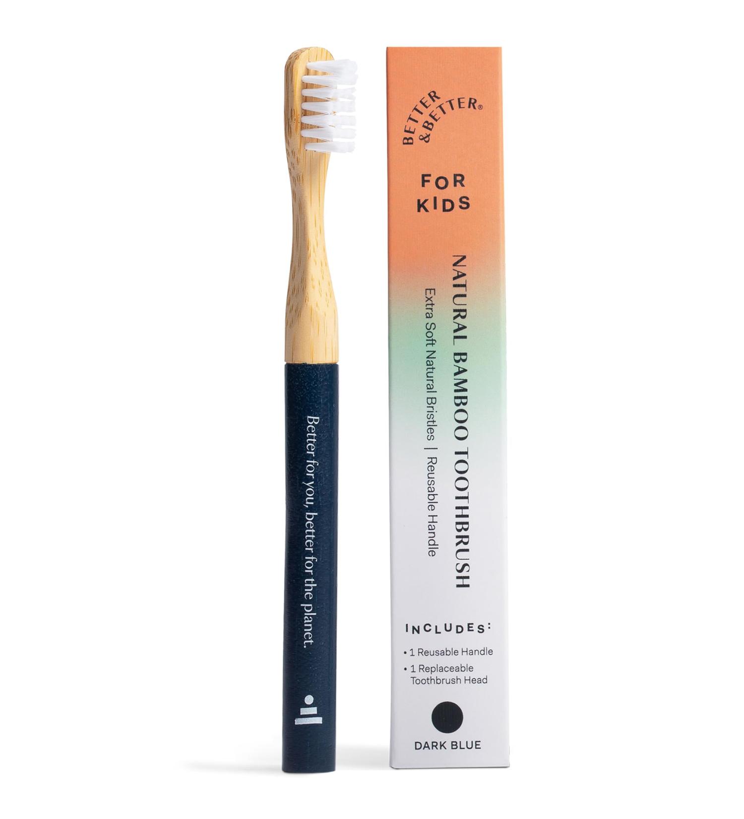 Natural Bamboo Toothbrush for Kids - Extra Soft Eco-Friendly & Zero Plastic - 100% Plant-Based Reusable Handle - Dark Blue - Buy Online on GoSupps.com