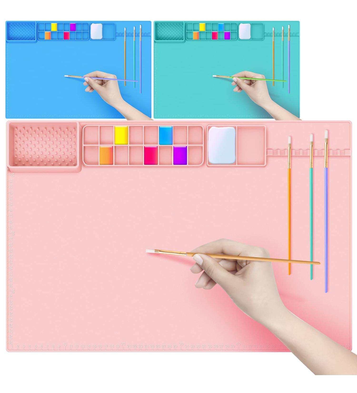 Extra Large Silicone Craft Mat 24x16 with Palette Squares & Cleaning Cup - Easy-to-Clean Painting Mat for Crafts, Resin Jewelry Casting - Pink - Buy Online on GoSupps.com
