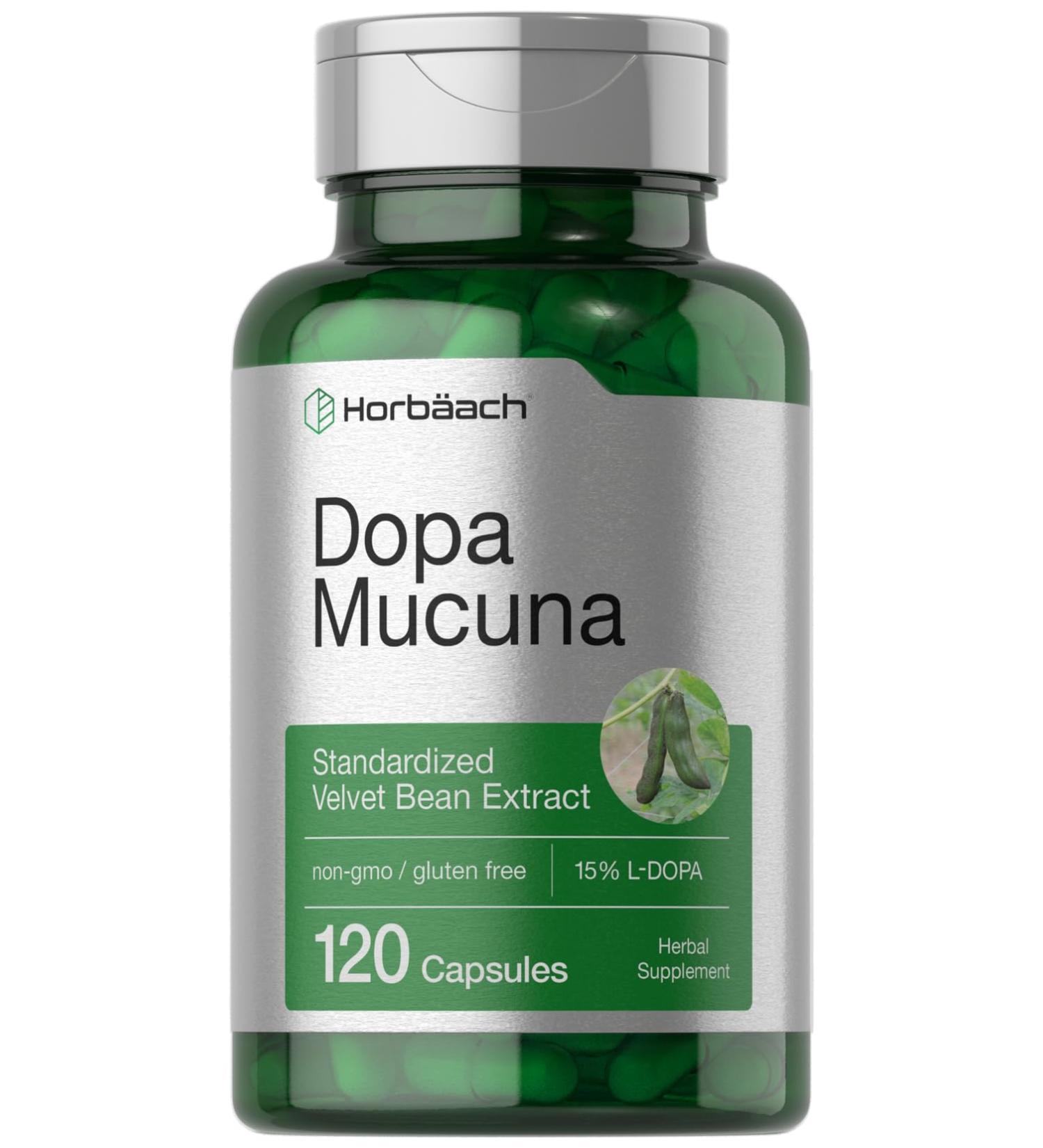 Horb ach Dopa Mucuna Supplement | 120 Capsules | Velvet Bean Herbal Extract | 15% L-Dopa | Non-GMO & Gluten Free - Buy Online on GoSupps.com