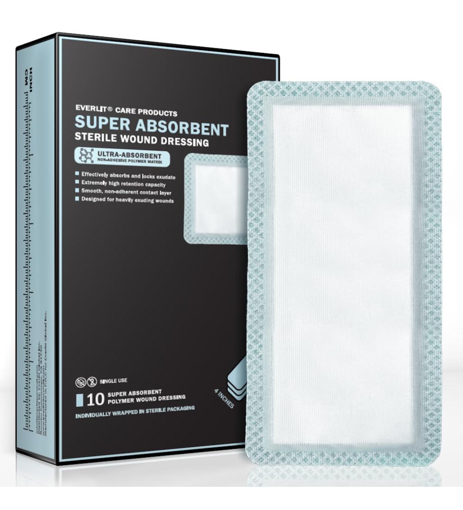 EVERLIT Super Absorbent Wound Dressing - Nonstick Surgical Gauze Pad for Heavily Exuding Wounds | Large Sterile Non-Adhesive Bandage | Pack of 10 (4x8) - Fast Healing & International Shipping - Buy Online on GoSupps.com