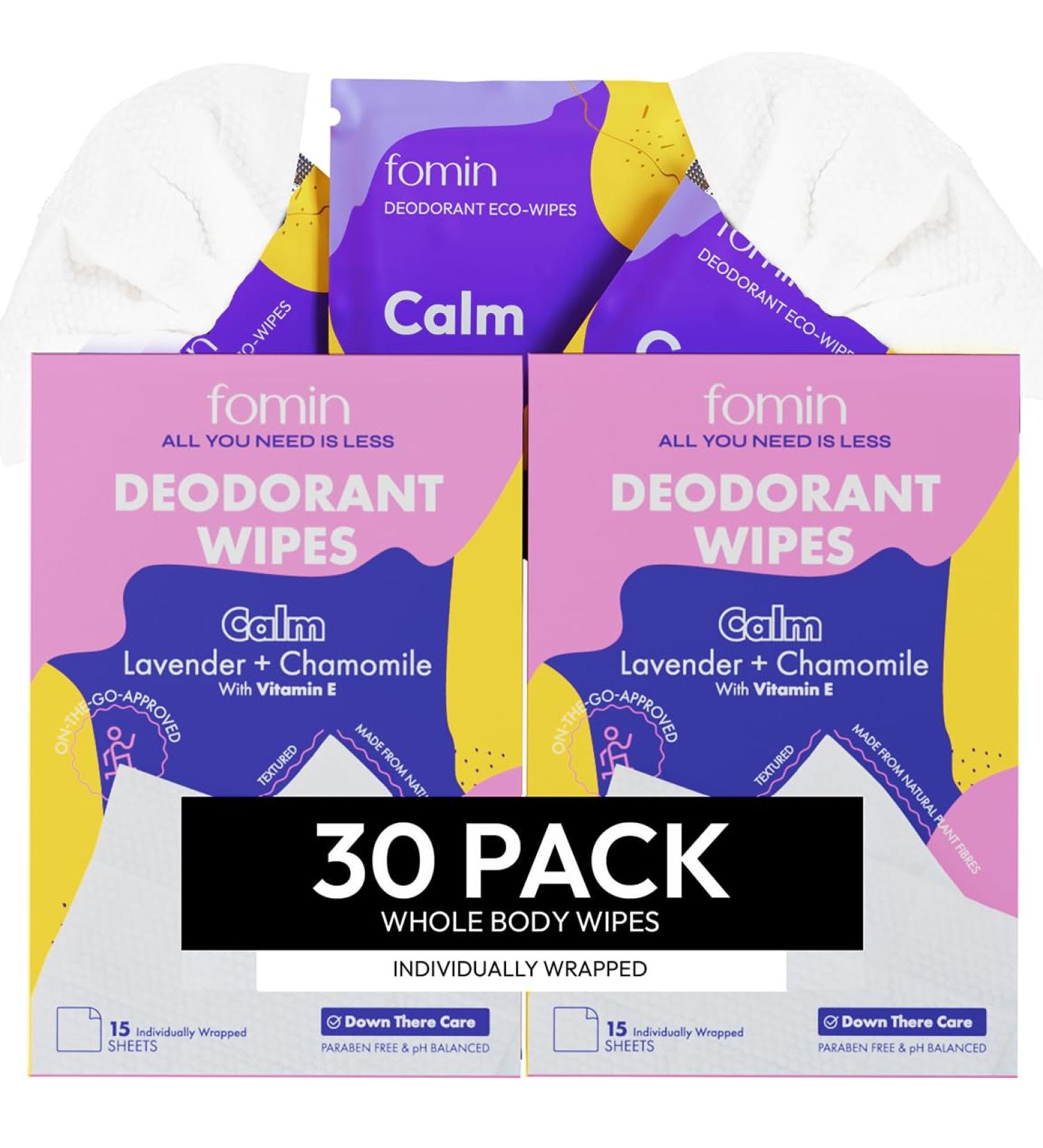 FOMIN Travel Deodorant Wipes - 30 Count - Calming Lavender and Chamomile - pH Balanced Hypoallergenic Mini Deodorant Wipes For Women and Men - Plastic-Free Individually Wrapped Underarm & Body Wipes Calm - Lavender Chamomile - Buy Online on GoSupps.com