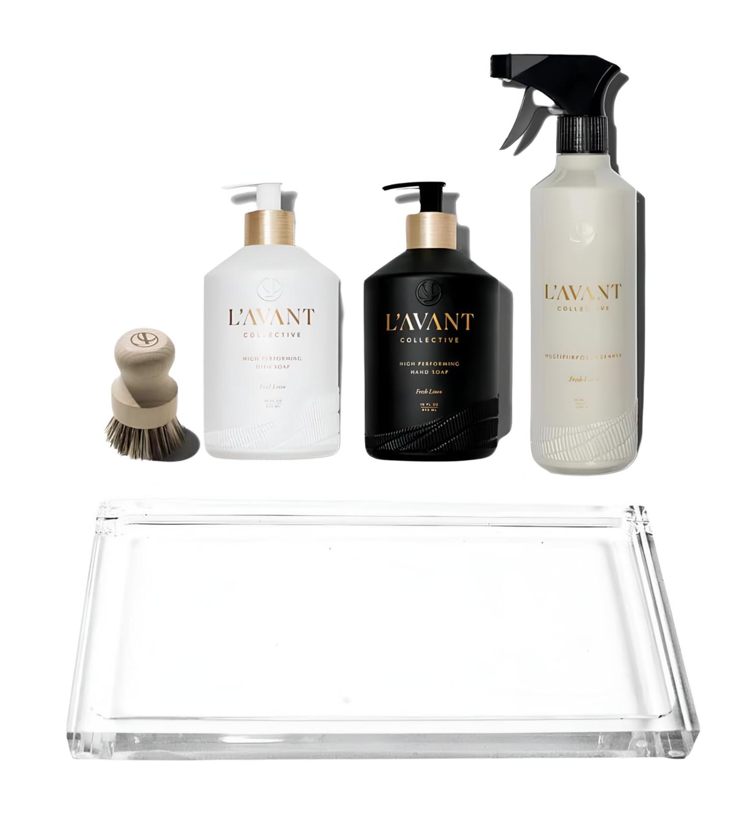 L AVANT Collective Luxury Home Essentials Bundle | High-Performing Dish Soap Hand Soap Multipurpose Cleaner Scrub Brush Lucite Tray | Eco-Friendly Fresh Linen - Buy Online on GoSupps.com