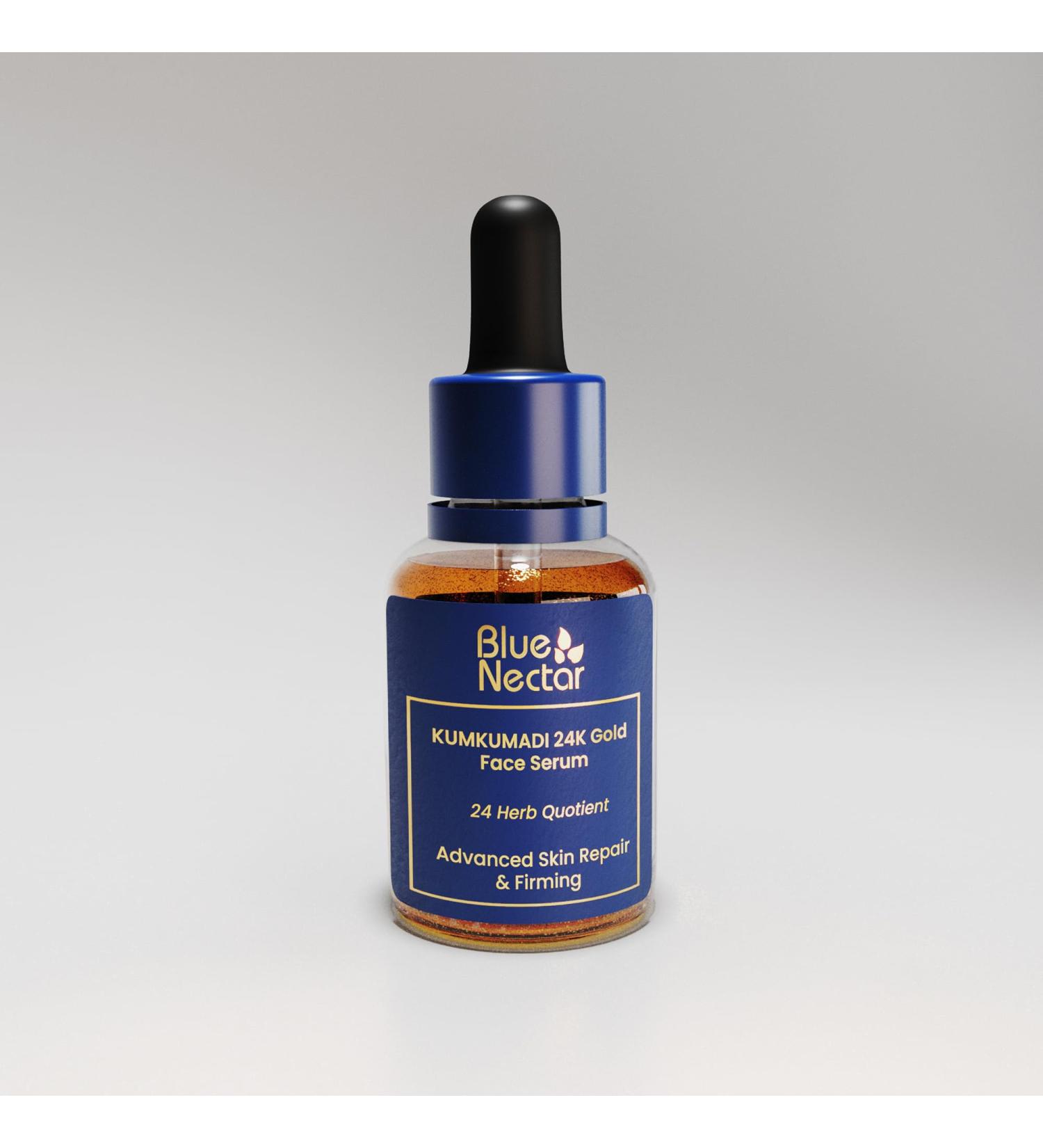 Blue Nectar 24k Gold Serum for Glowing Skin | Natural Kumkumadi Oil Serum for Face Infused with 24K Gold | Ayurvedic Face Serum for Skin Brightening and Skin Firming (24 Herbs 10ml) - Buy Online on GoSupps.com