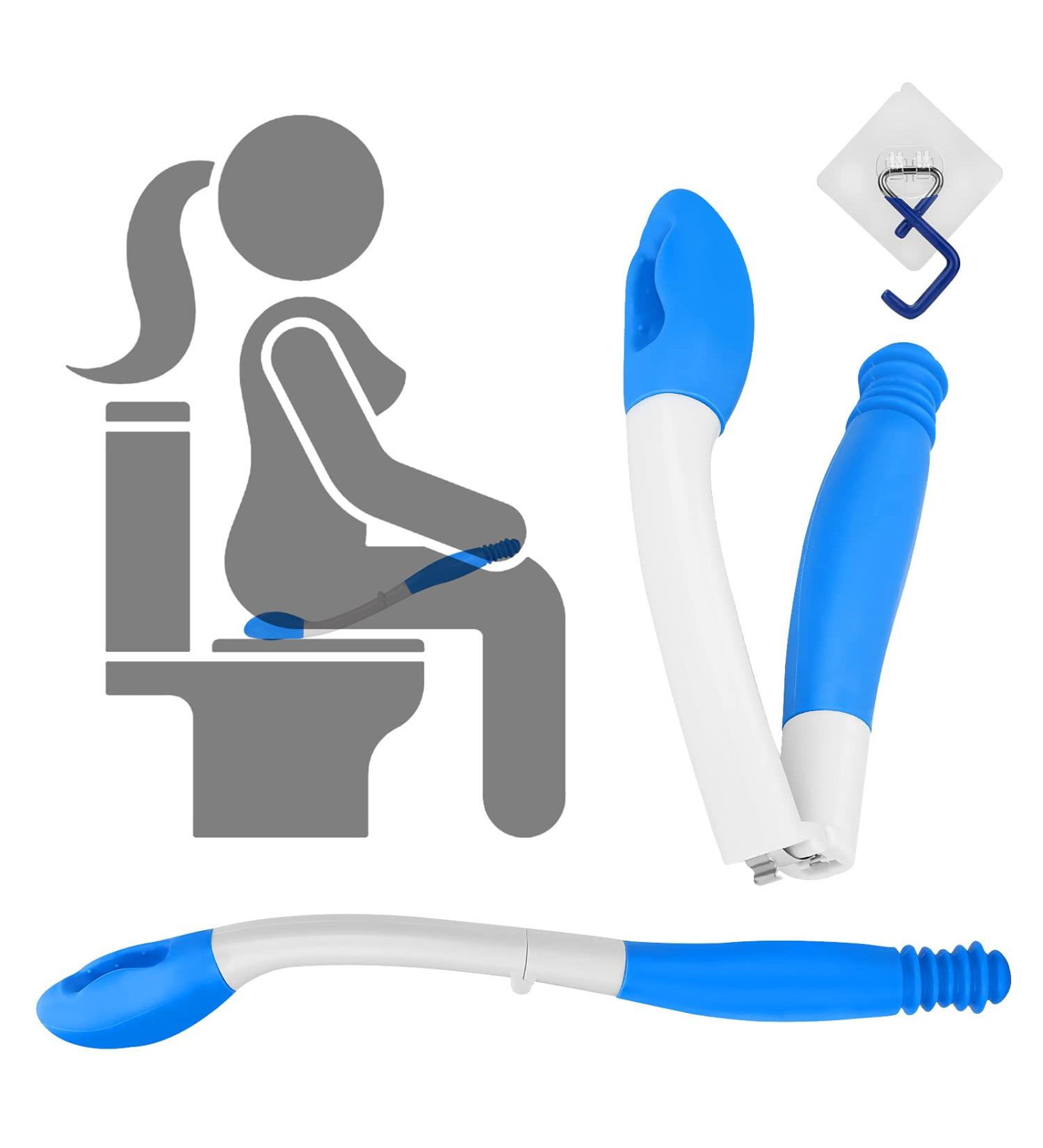 Jhua Foldable Toilet Aid for Wiping - Long Reach Comfort Wipe with Bottom Grips and Hook - Self Wipe Assist Tool in Blue - Buy Online on GoSupps.com