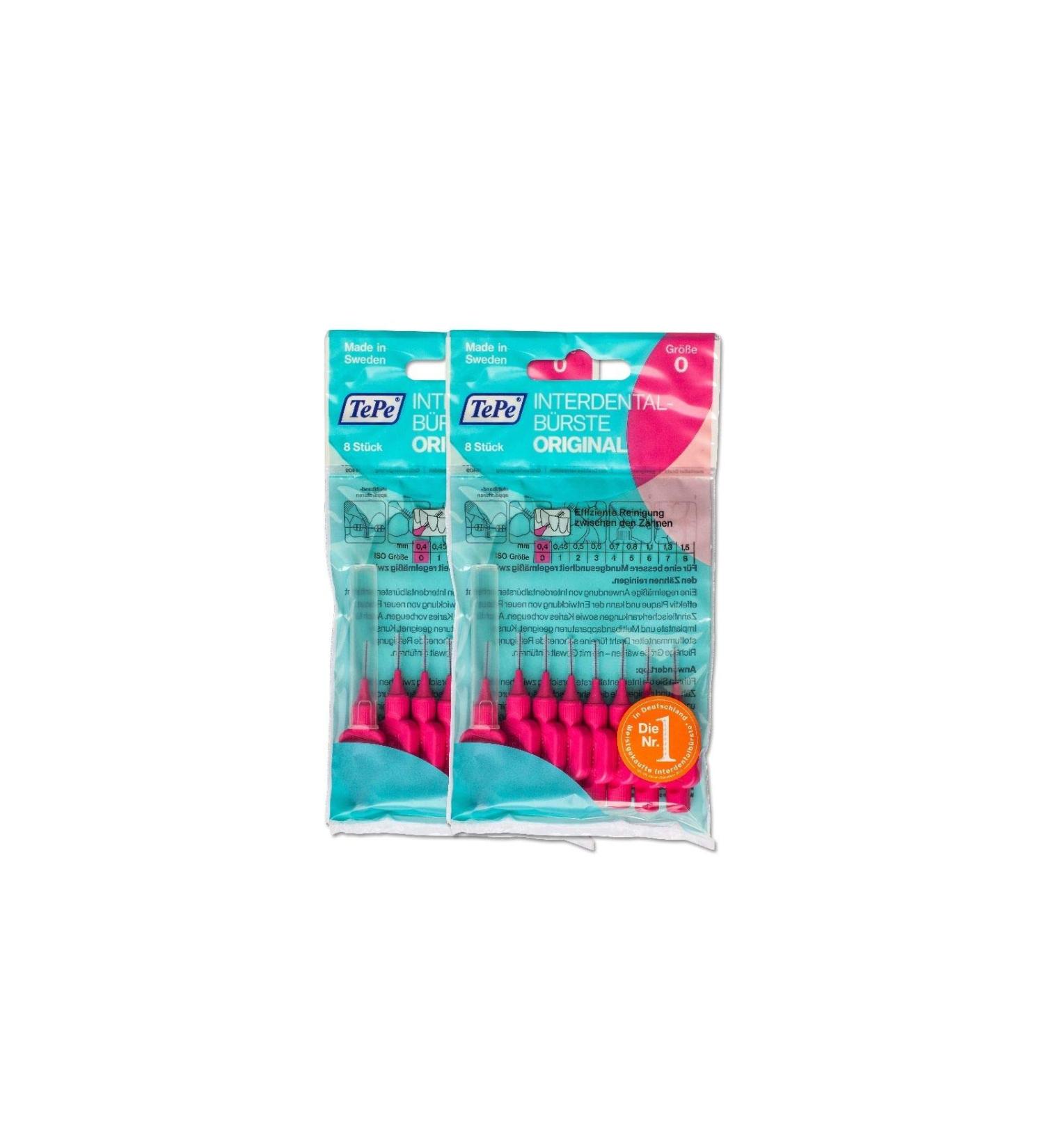 2 x TePe interdental Brushes Pink Original 8 Pieces interdental Brushes ISO0 0.4 mm. Pink 16 count (Pack of 1)