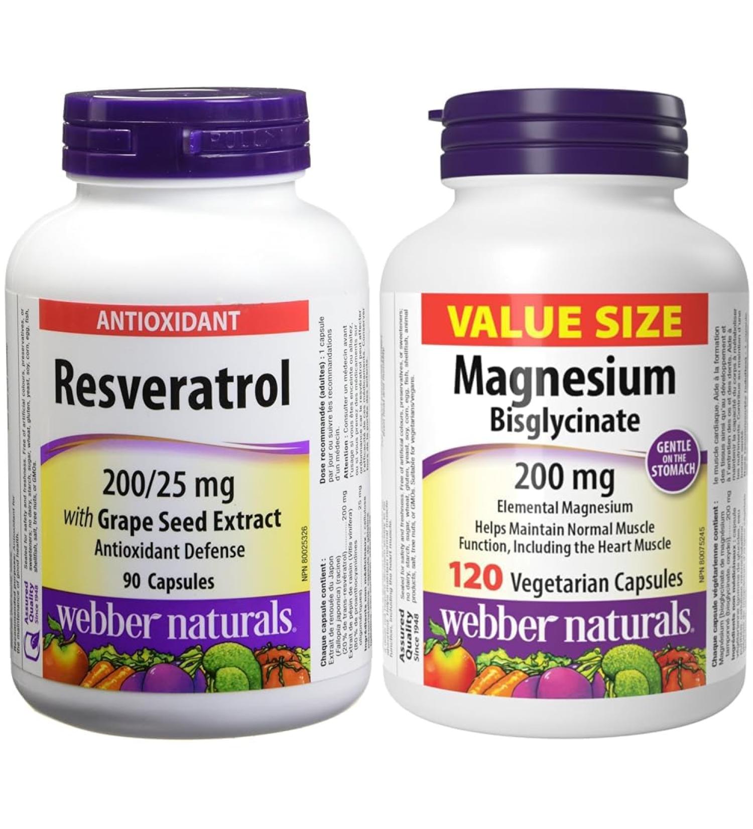 Webber Naturals Resveratrol with Grape Seed Extract Caplet 200/25mg & Magnesium Bisglycinate 200 mg 120 Capsules Supports Bone and Muscle Functions Vegan SUPPLEMENT + SUPPLEMENT s1101ed23 - Buy Online on GoSupps.com