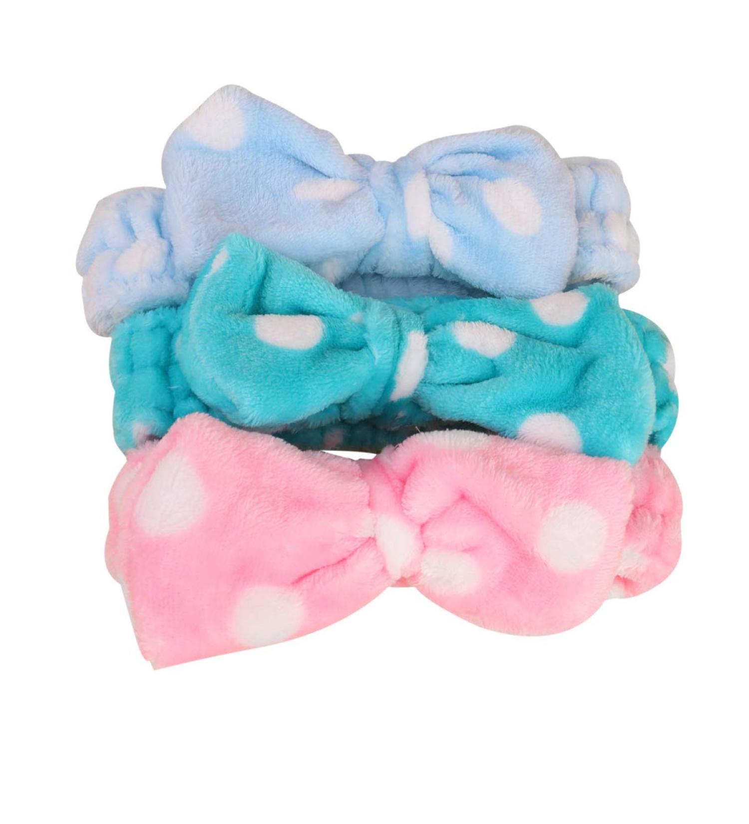 Minkissy 3PC Bowknot Makeup Elastic Headwraps - Flannel Hair Bands for Face Washing Spa & Cosmetics - Pink Blue Light Blue - Buy Online on GoSupps.com