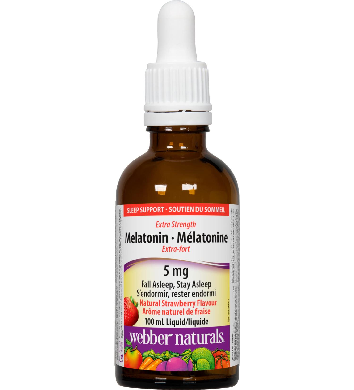 Webber Naturals Melatonin 5 mg Extra Strength Liquid 100 mL Strawberry Flavour For Sleep Support Vegan - Buy Online on GoSupps.com