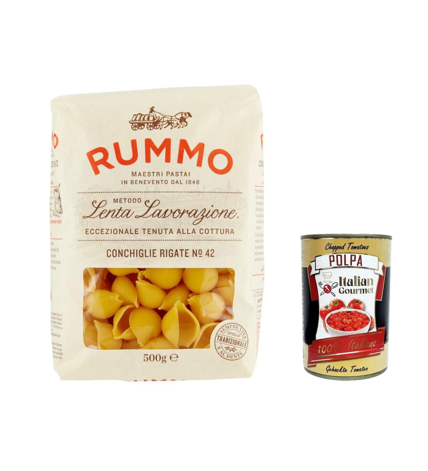  Italian Gourmet E.R. Rummo Conchiglie Rigate n.42 Pasta Lenta Lavorazione Durum Wheat Semolina 500 g Bronze Design + Italian Gourmet Pulp 400 g - Buy Online on GoSupps.com