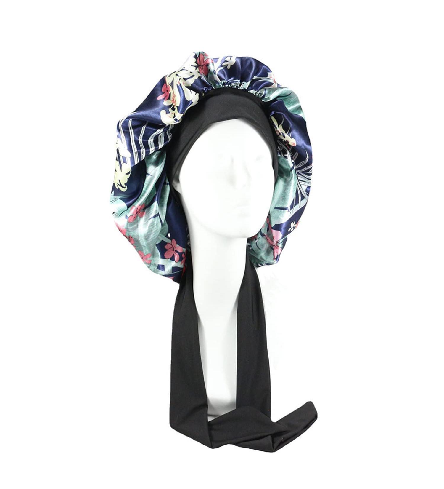 Silk Hair Bonnet for Women Green Flower Satin Cap for Sleeping, Bathing, and Curly Hair Protection - Buy Online on GoSupps.com