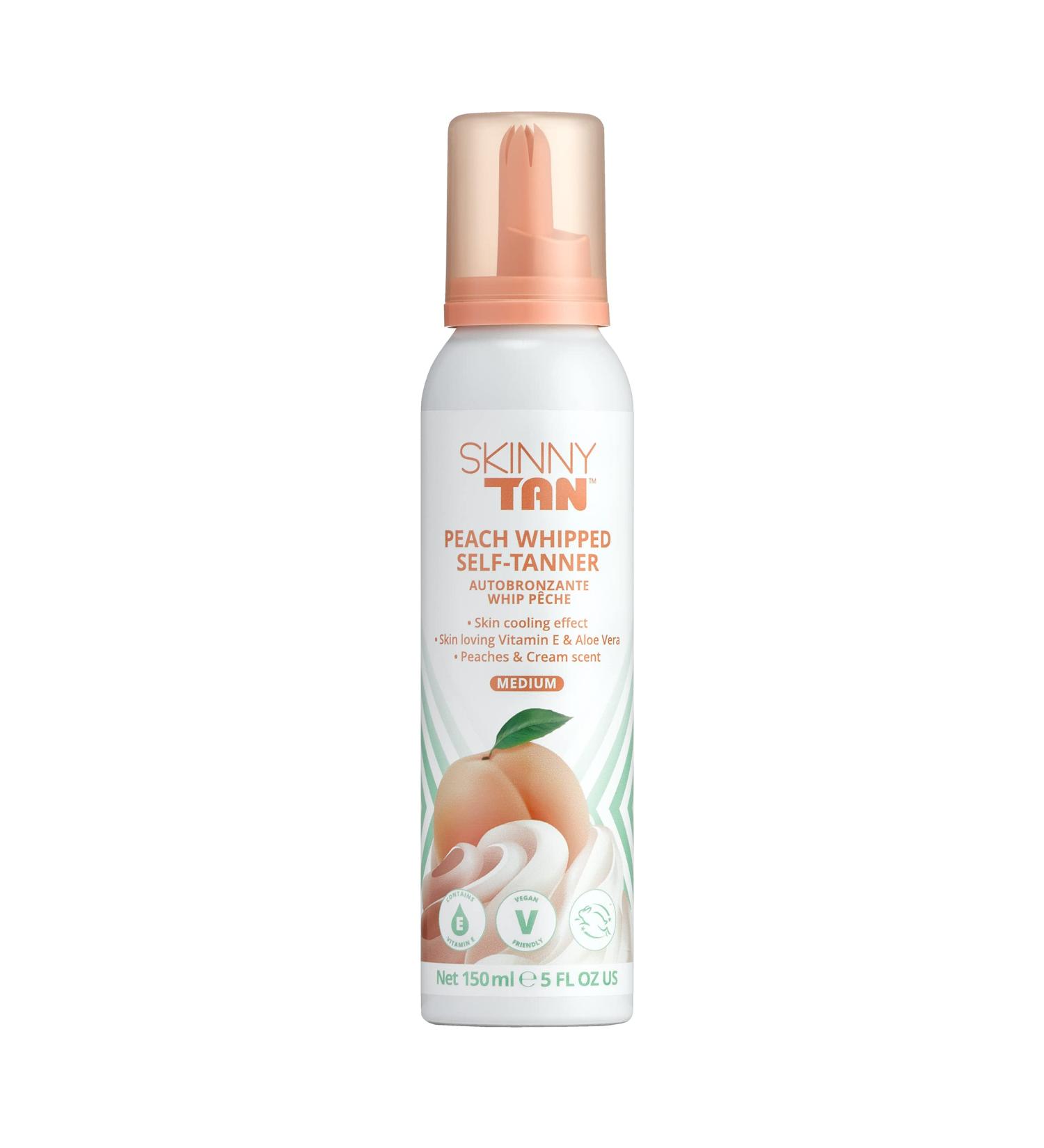 Skinny Tan Peach Whipped Fake Tan - Streak Free Gradual Fake Tan Mousse for Natural Glow with Vitamin E Peaches & Cream Aroma Vegan & Cruelty Free Skincare - 150ml - Buy Online on GoSupps.com