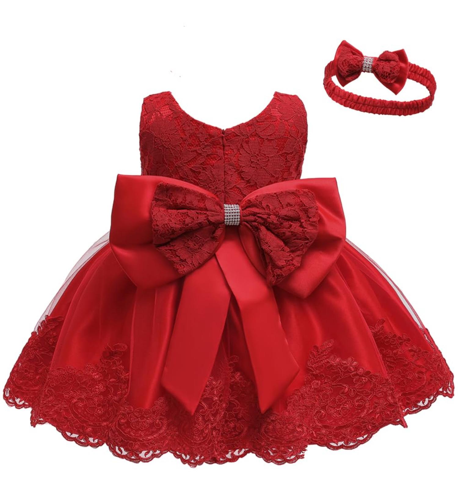 Baby Girls Princess Party Dress with Bowknot and Headwear - Red, 18-24 Months - Buy Online on GoSupps.com