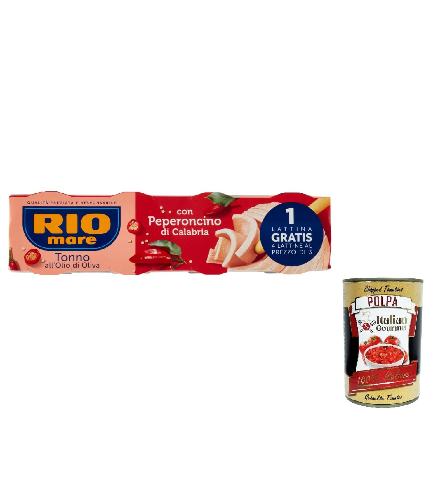 24x Rio mare Tuna in olive oil with Calabrian chilli pepper Tuna in olive oil with Calabrian chilli pepper 80 g + Italiaanse gourmet pulp 400 g - Buy Online on GoSupps.com