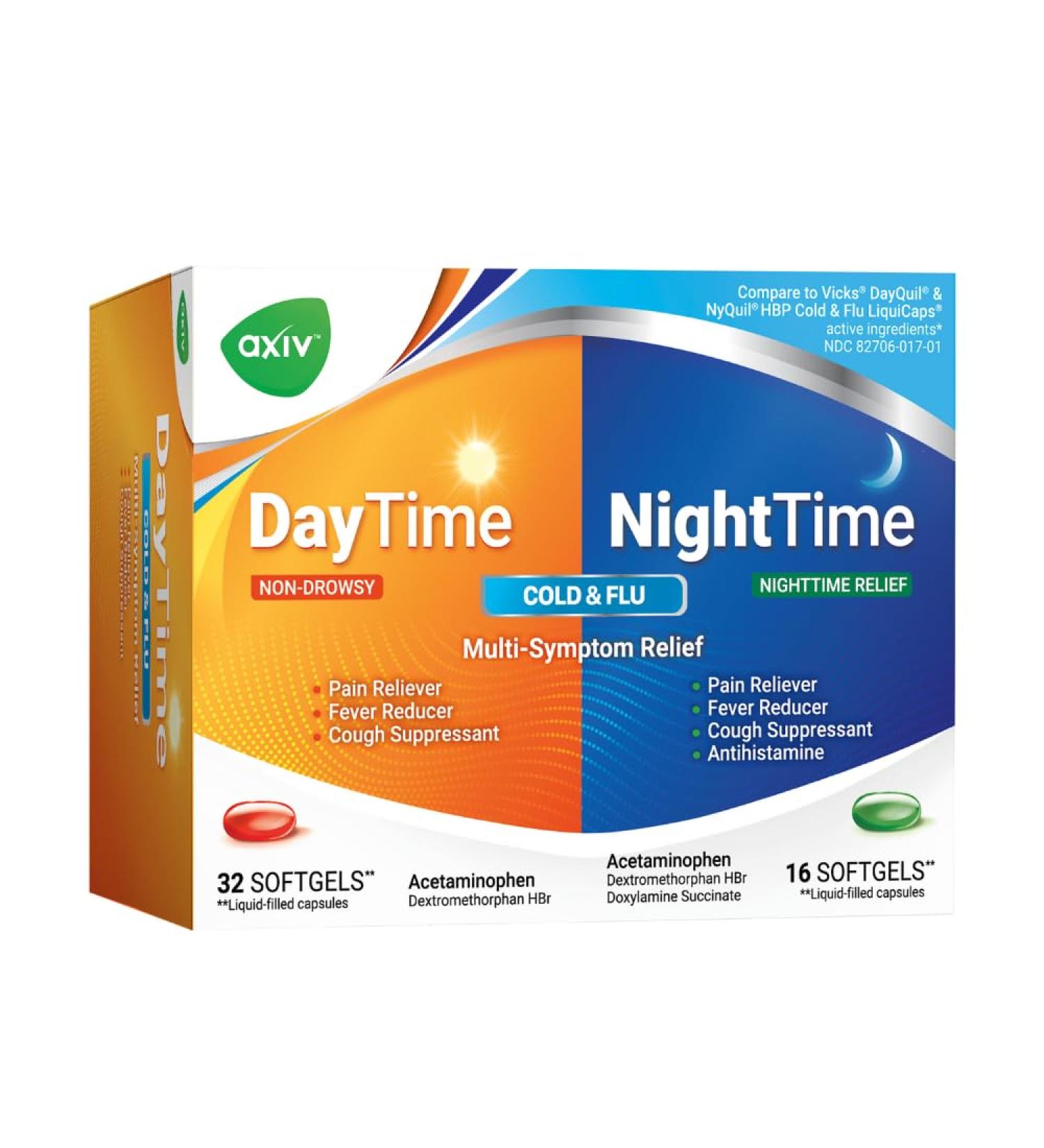 AXIV Day & Night Cold & Flu Medicine Combo Pack Softgels Daytime & Nighttime Relief for Headache Fever Sore Throat Minor Aches & Pains & Cough 48 Softgels - Buy Online on GoSupps.com