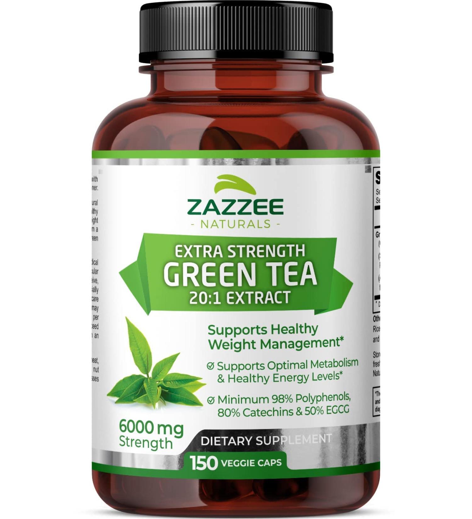 Zazzee Extra Strength Green Tea Extract 6000mg - 150 Vegan Capsules - 50% EGCG - 98% Polyphenols - 80% Catechins - Potent 20x Extract - Up to 5 Month Supply - All-Natural & Vegan - Buy Online on GoSupps.com