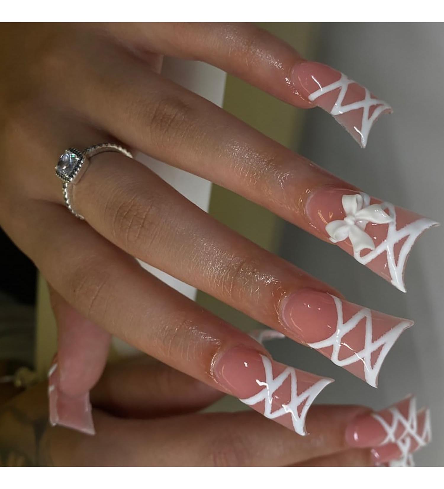 Buy 24Pcs Duck Shape Glossy Press on Nails - Medium Pink Full Cover Acrylic with Bow Designs | Reusable Fake Nails for Women & Girls - Buy Online on GoSupps.com