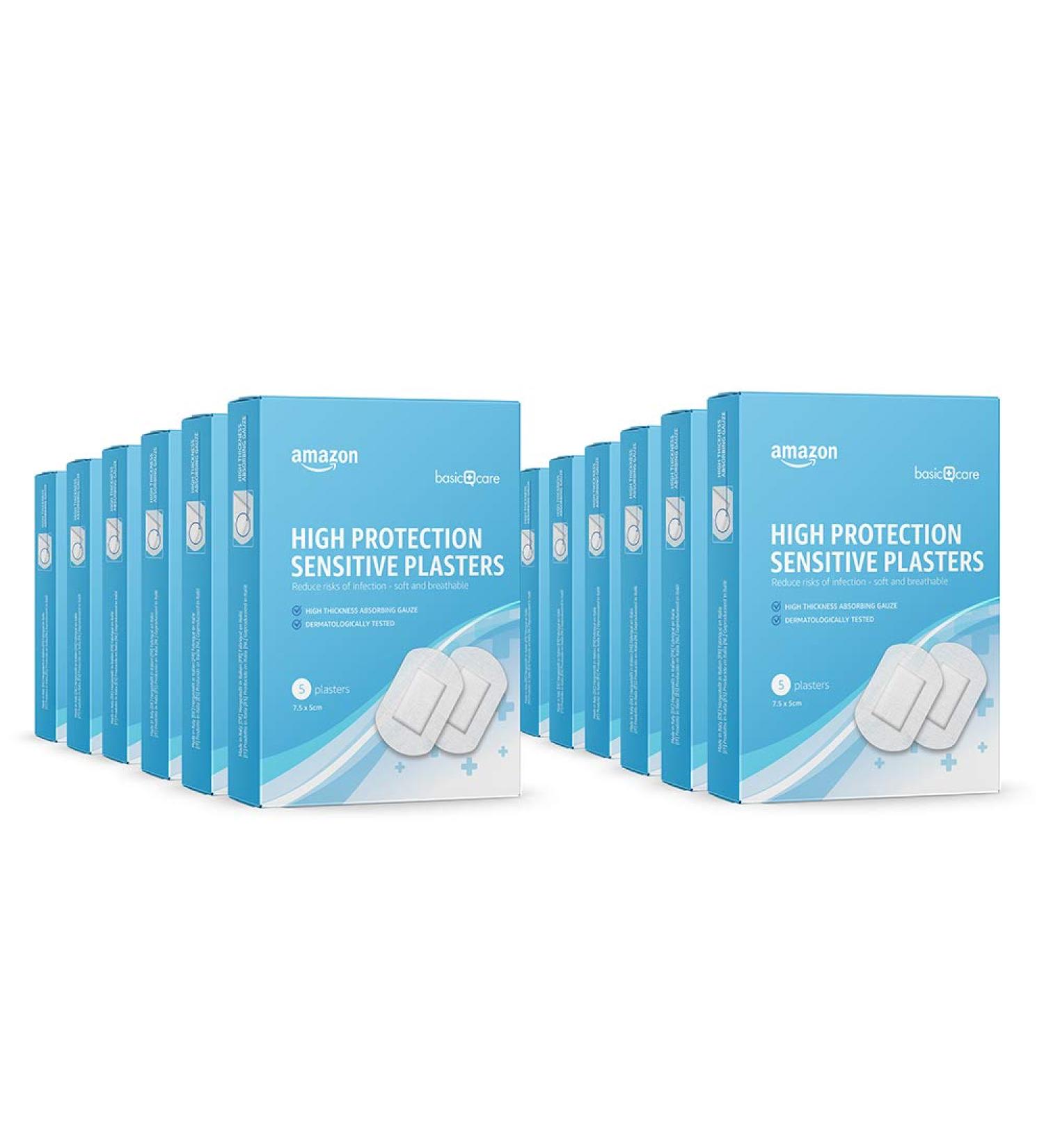 Amazon Basic Care Sensitive Plasters - Fleece Fabric Protection 60 Plaster Pack (12 x 5 Pieces) for Ultimate Comfort & Care - Buy Online on GoSupps.com