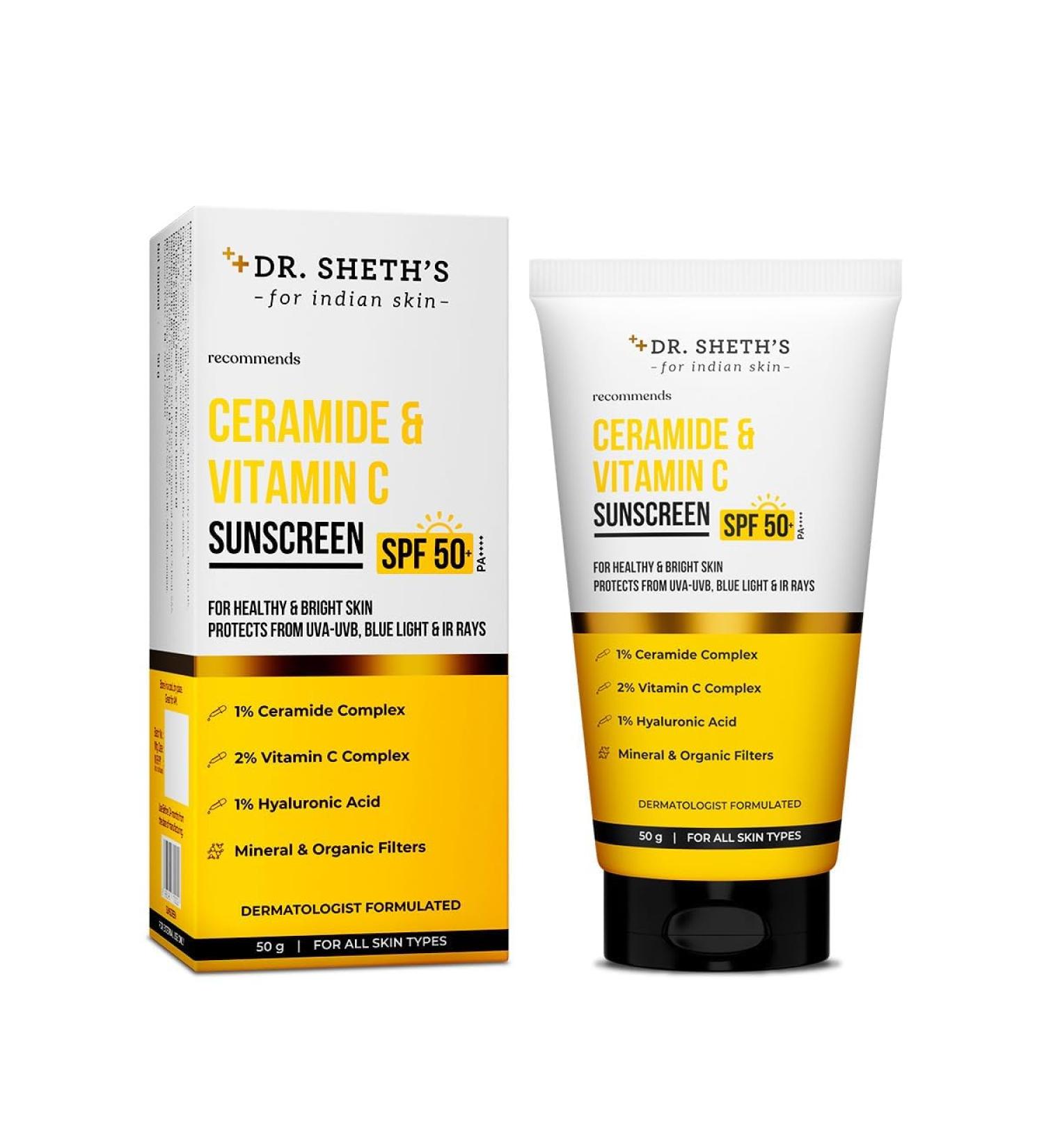 Ceramide & Vitamin C Sunscreen | SPF 50+ Pa+++ | In-Vivo Tested | For Bright Skin & Healthy Glow | Non-Greasy Quick-Absorbing No White Cast | UVA/B & Bluelight Protection |50 g