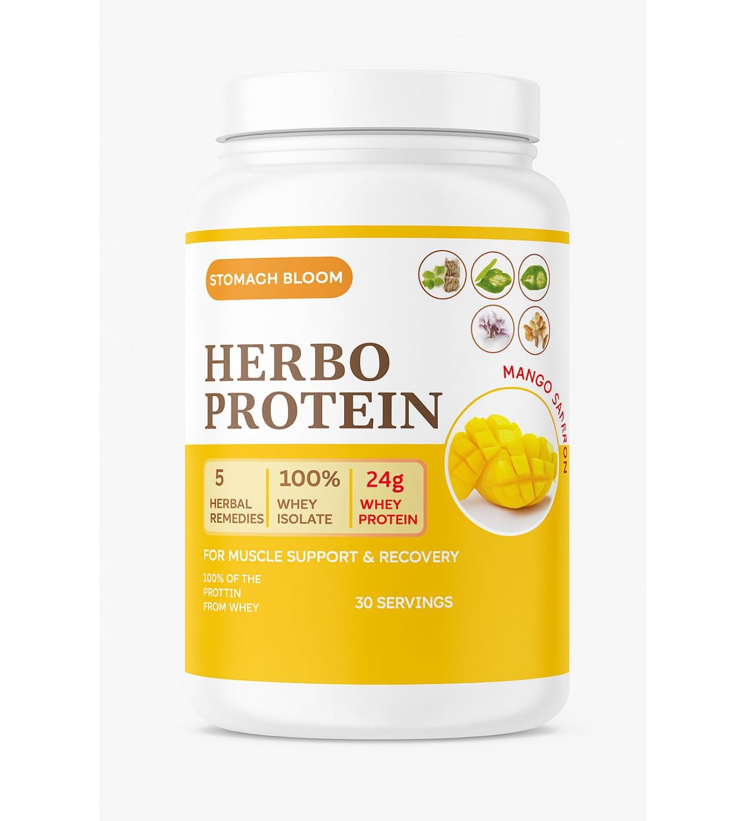Herbo Protein 100% Whey Protein Isolate Naturally Hydrolized. 24g of Protein 2g of Sugar Low Carb Gluten Free 2.4 Pounds 30 Servings Mango - Saffron Flavor Protein Powder