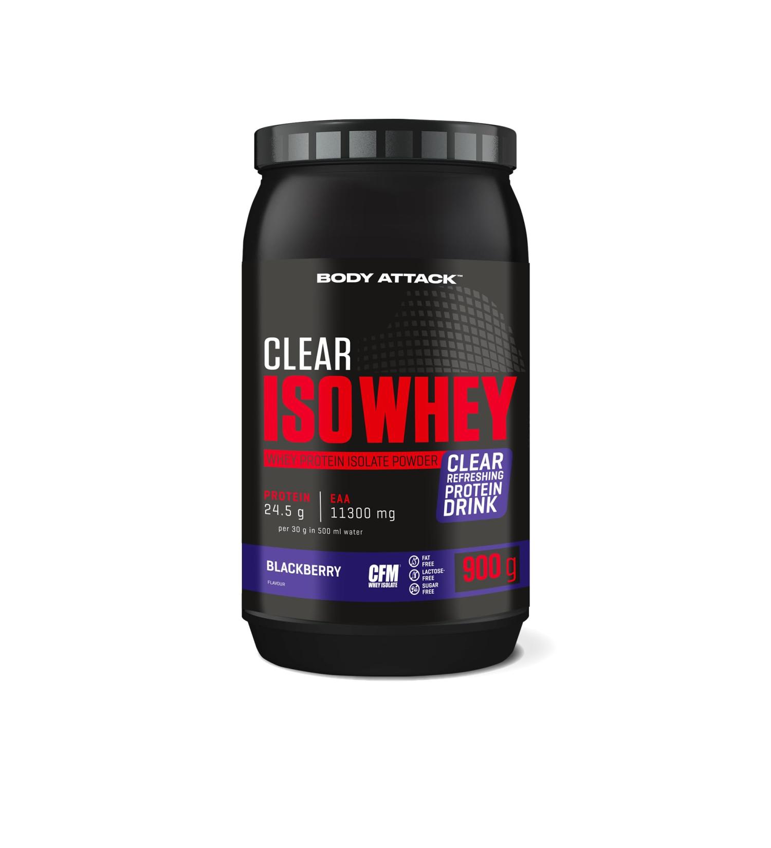 Body Attack Clear Iso Whey - Blackberry 900g | Refreshing Protein Isolate - 24g Protein 11 400mg EAAs Sugar & Fat-Free - Made in Germany | International Shipping Available - Buy Online on GoSupps.com