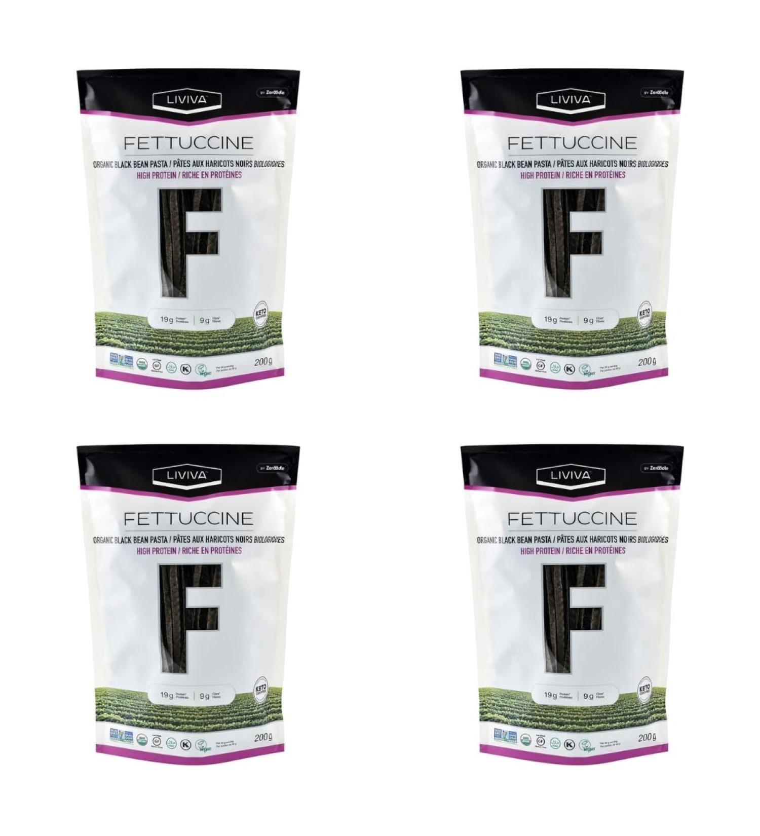 LIVIVA Organic Gluten Free Black Bean Fettuccine Noodle Pasta (4 Pk) 88 g Protein Bag - Certified Plant-Based Non-GMO Kosher Halal Vegan Keto Nutritious Pasta Plant-Based Protein Ready-to-Eat in minutes - Buy Online on GoSupps.com