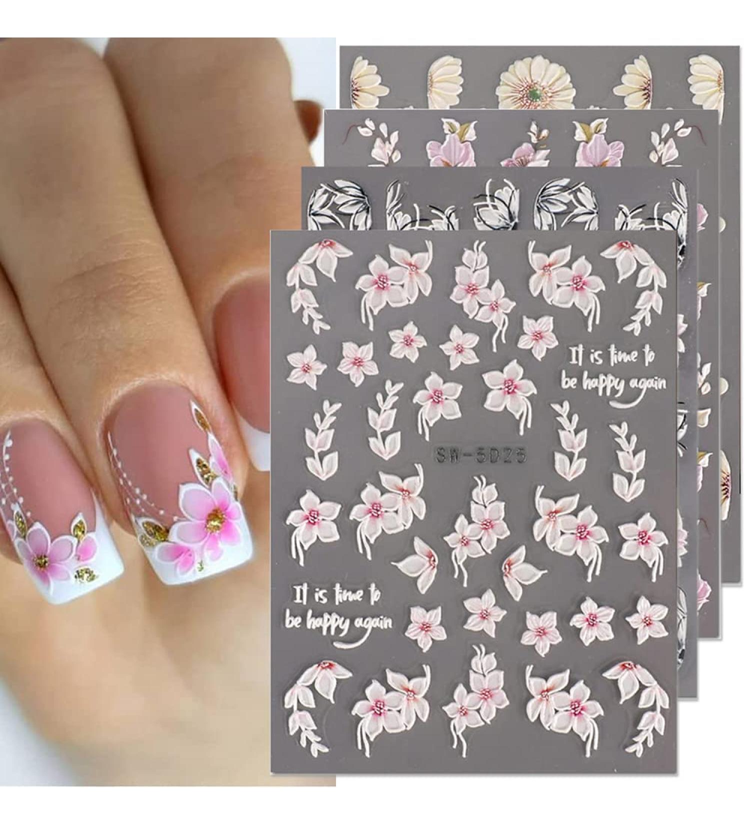 5D Spring Cherry Blossom Nail Art Stickers - 3D Embossed Decals for Women's Nail Design (4 Sheets) - Buy Online on GoSupps.com