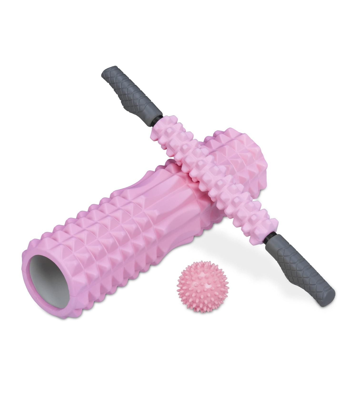 Relaxdays Fascia Roller Set of 3 - Massage Roller Fascia Stick & Hedgehog Ball for Neck Back & Legs - Medium Hard Pink - Improve Muscle Recovery - Buy Online on GoSupps.com